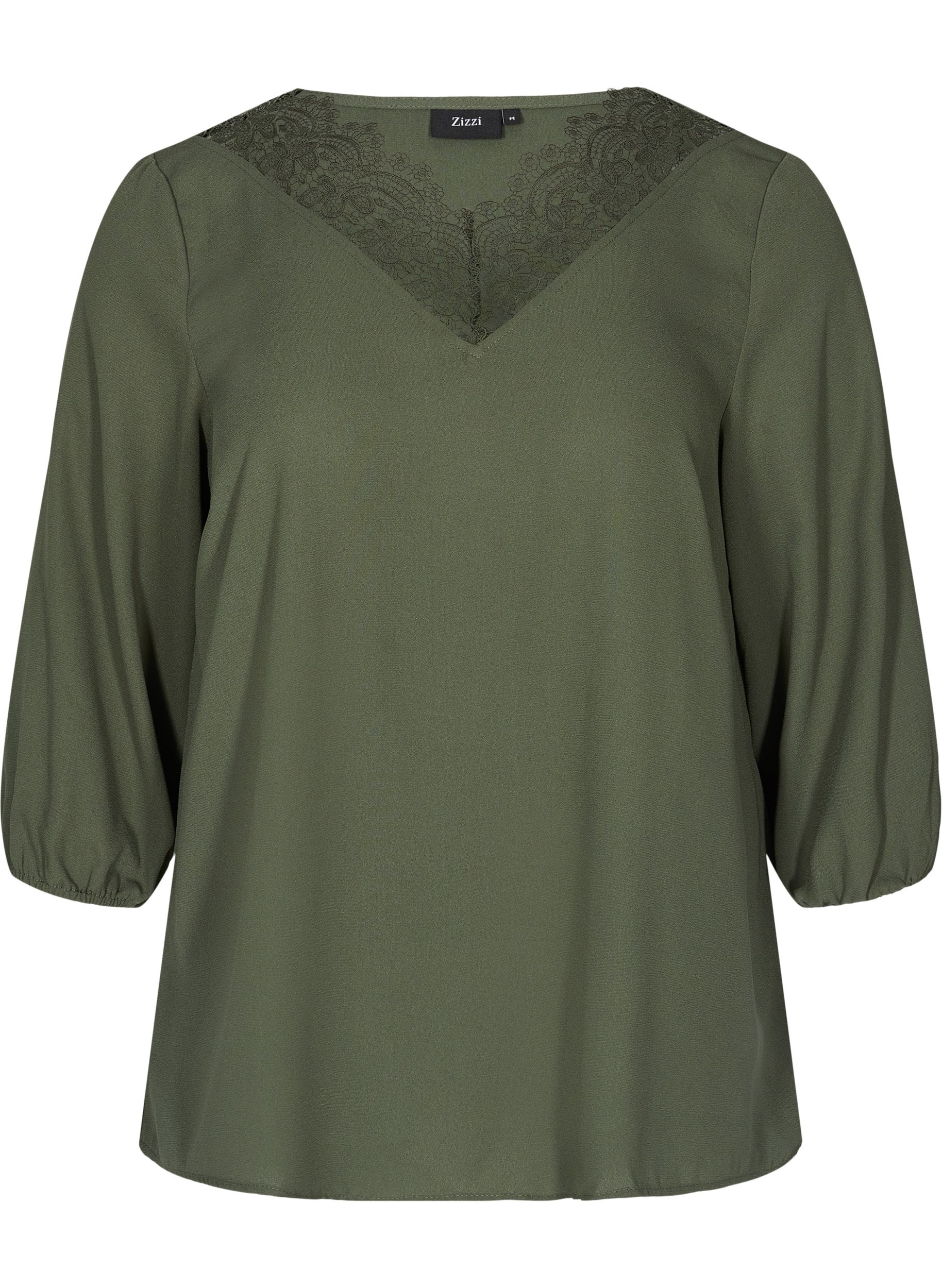 Ensfarvet bluse med blonder og 3/4 ærmer, Thyme, Packshot image number 0