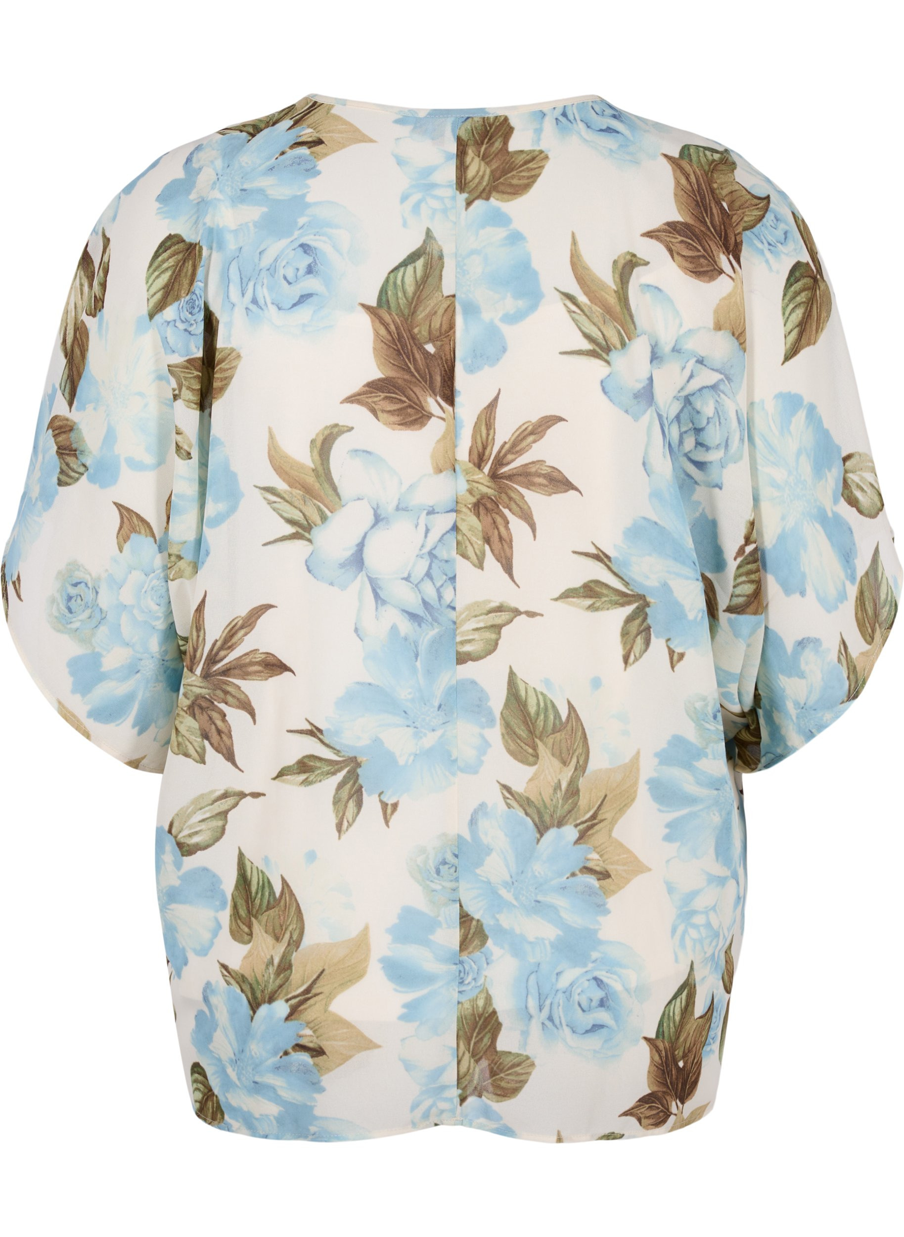 Printet bluse med bindesnøre og korte ærmer, Cloud Dancer Flower , Packshot image number 1