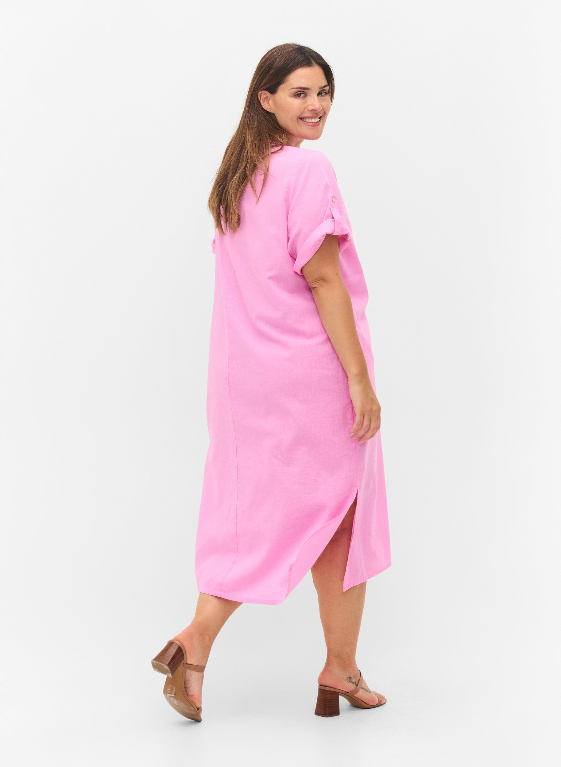 Lang skjortekjole med korte ærmer, Begonia Pink, Model