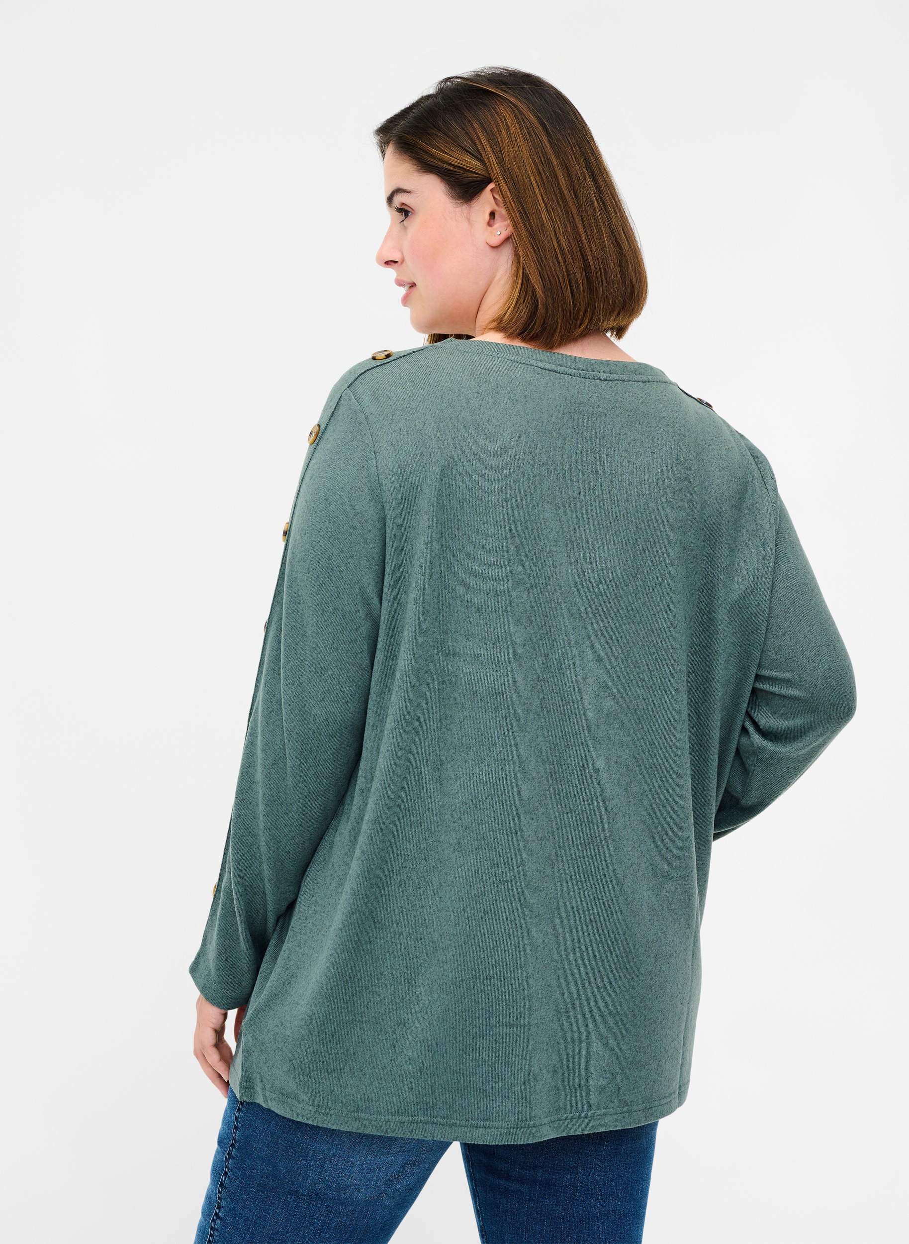 Langærmet bluse med knappedetaljer, Balsam Green Melange, Model image number 1