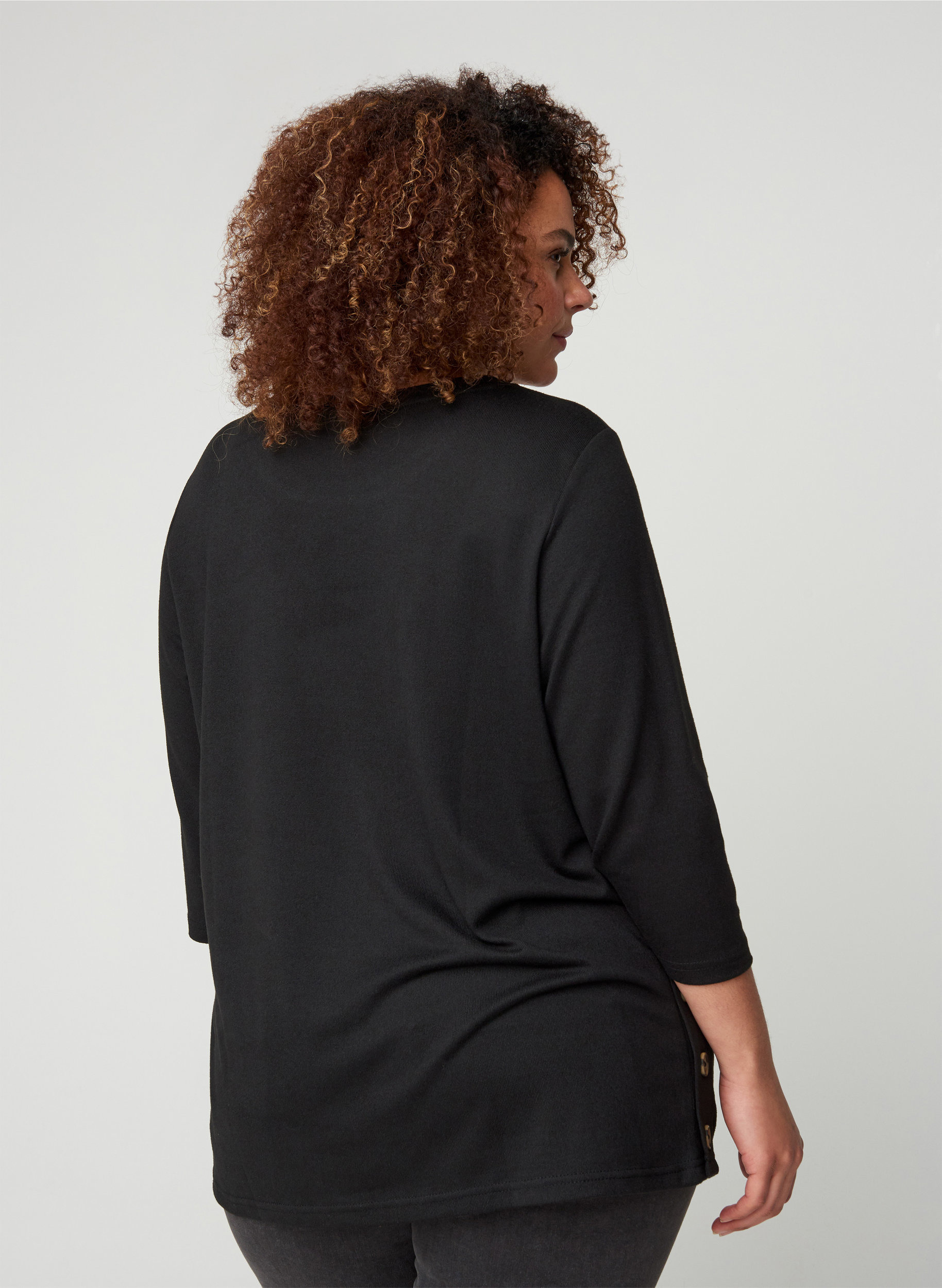 Bluse med 3/4 ærmer og knapper, Black, Model image number 1