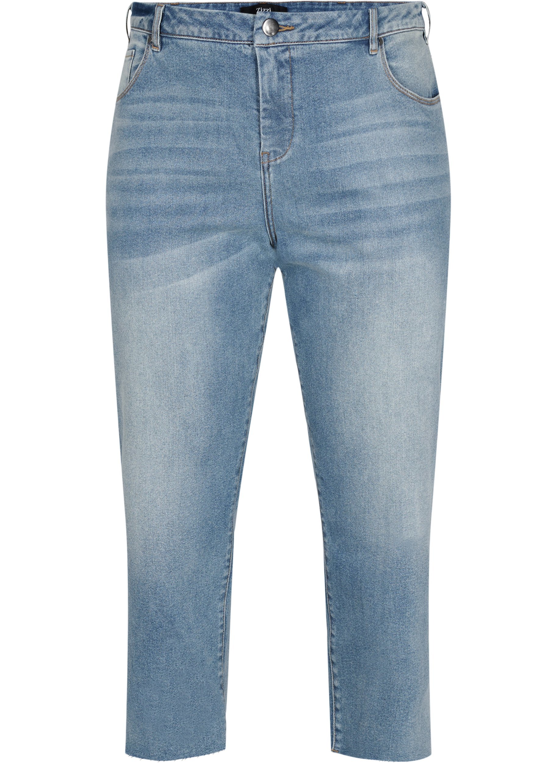 7/8 jeans med rå kanter og høj talje, Light blue denim, Packshot image number 0