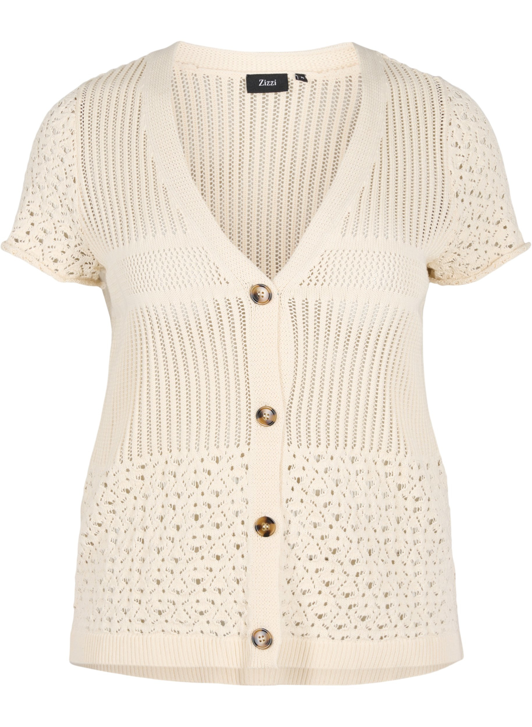 Kortærmet strik cardigan med knapper, Warm Off-white, Packshot image number 0