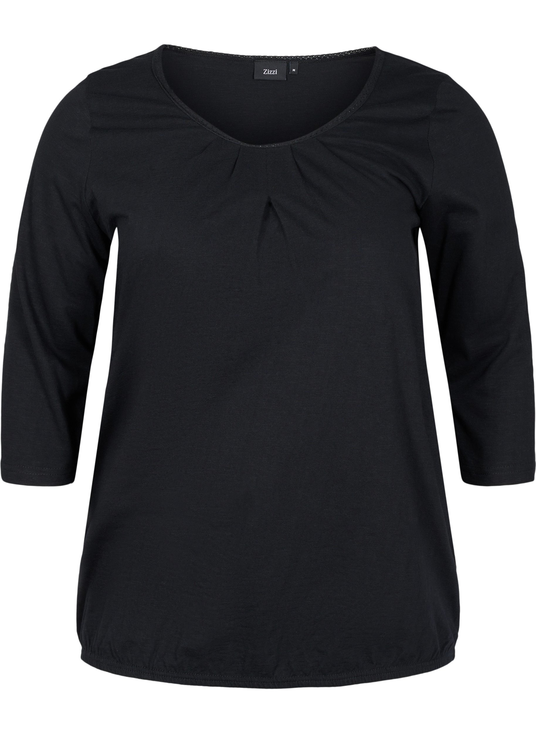 Ensfarvet bluse med 3/4 ærmer i bomuld, Black, Packshot image number 0