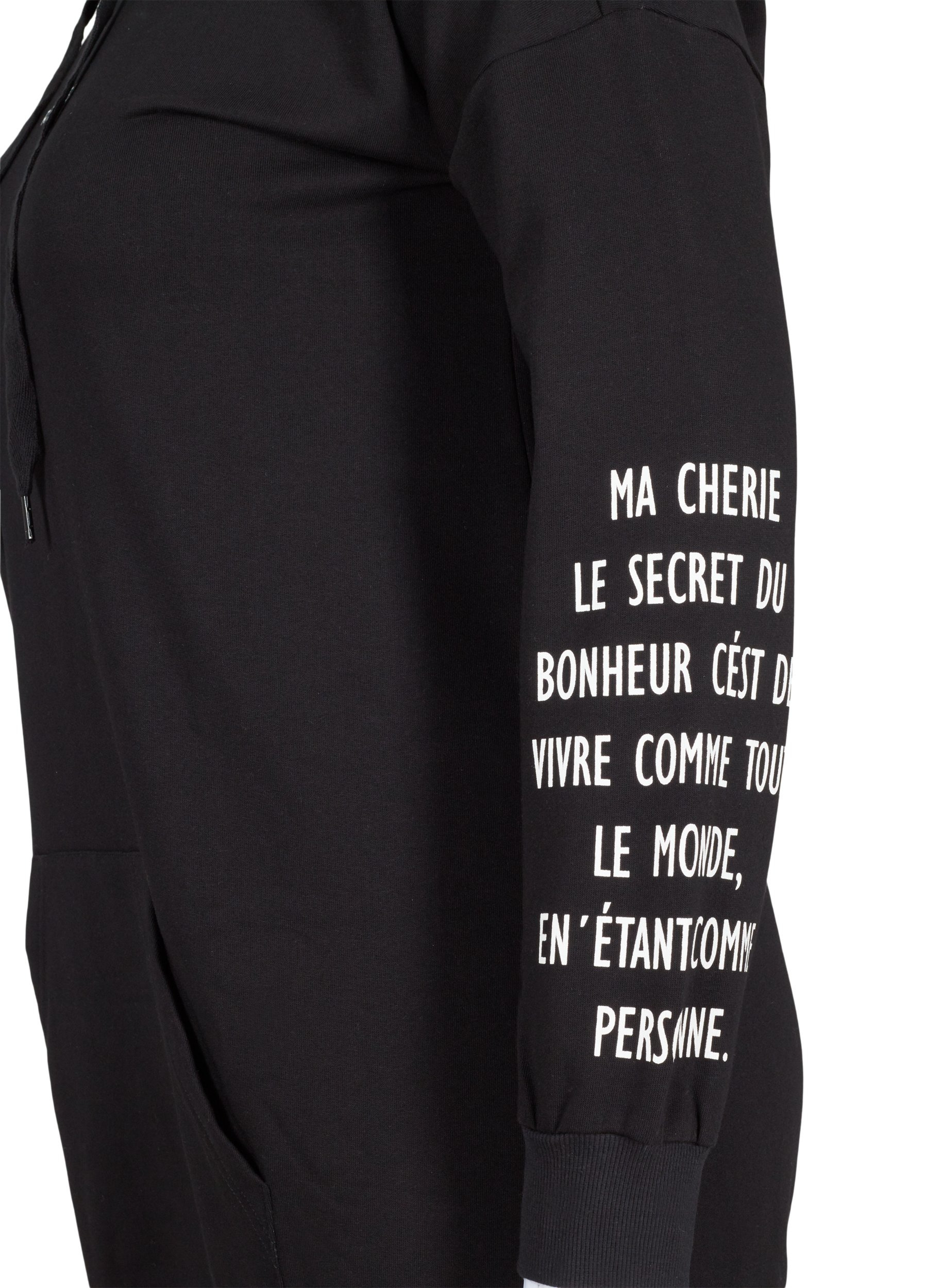 Bomulds sweatkjole med hætte og tekstprint, Black, Packshot image number 3