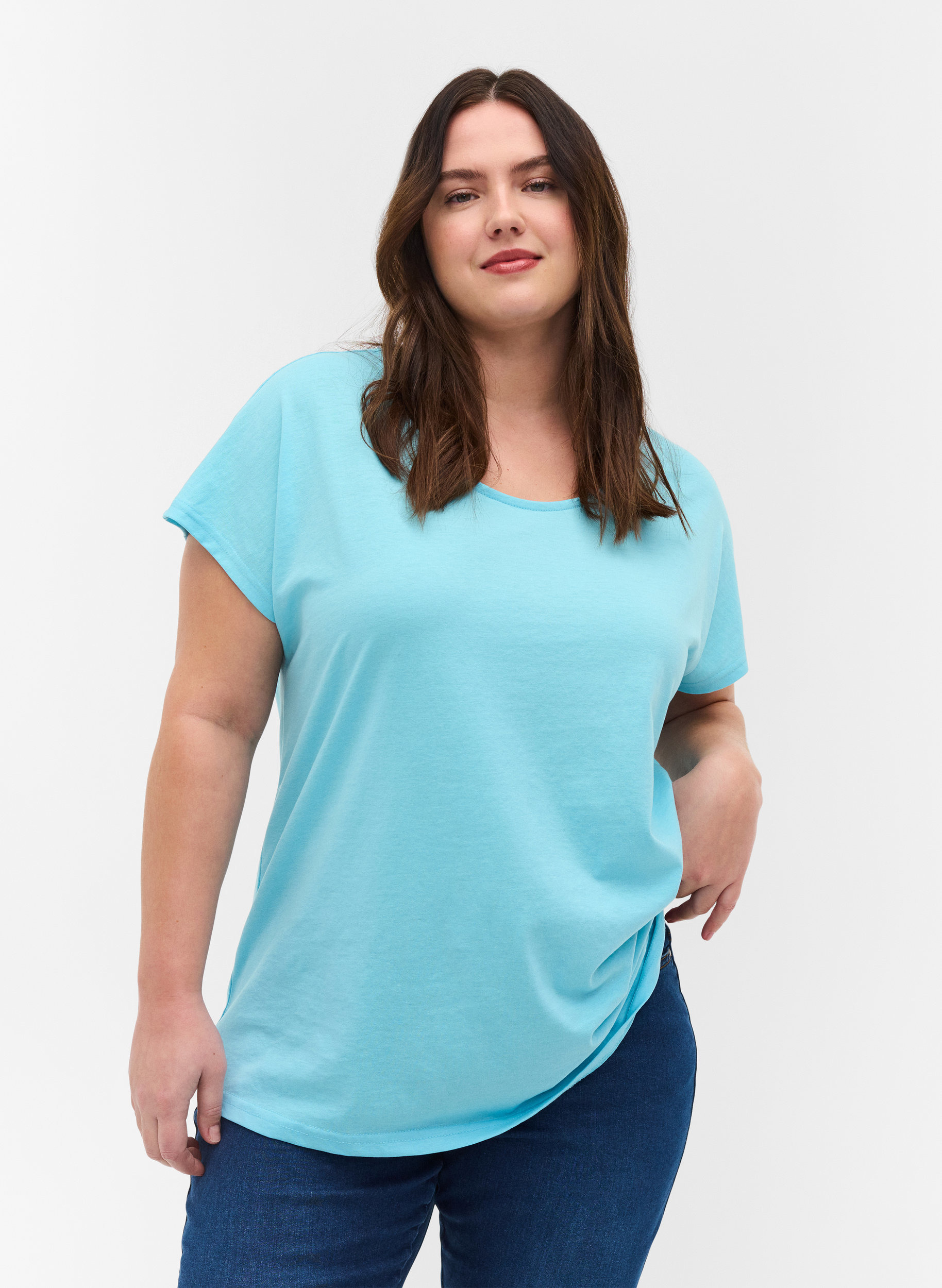 T-shirt i bomuldsmix, Blue Topaz, Model