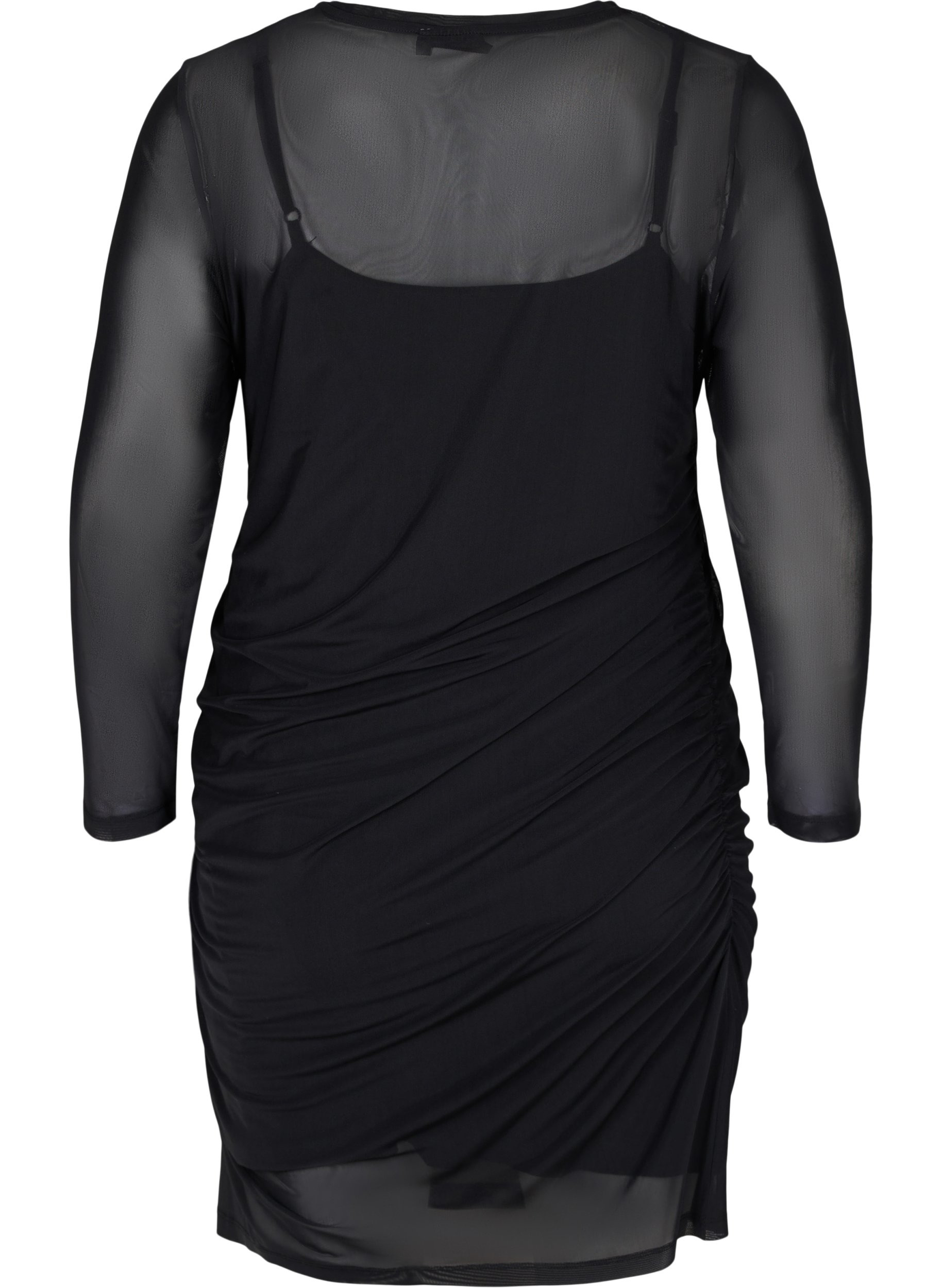 Tætsiddende mesh kjole med 3/4 ærmer, Black, Packshot image number 1