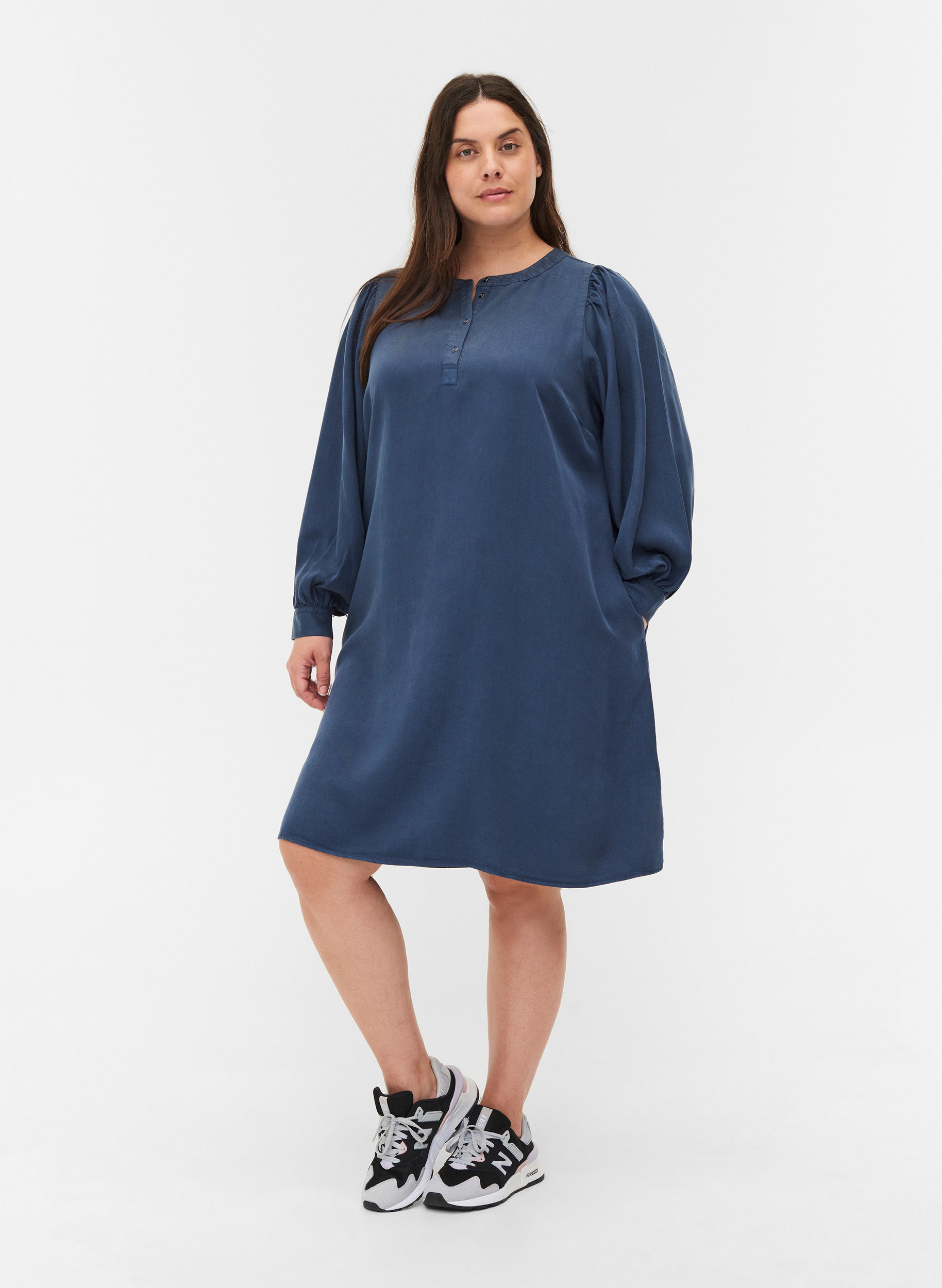 Kjole med lange pufærmer, Dark blue denim, Model image number 2
