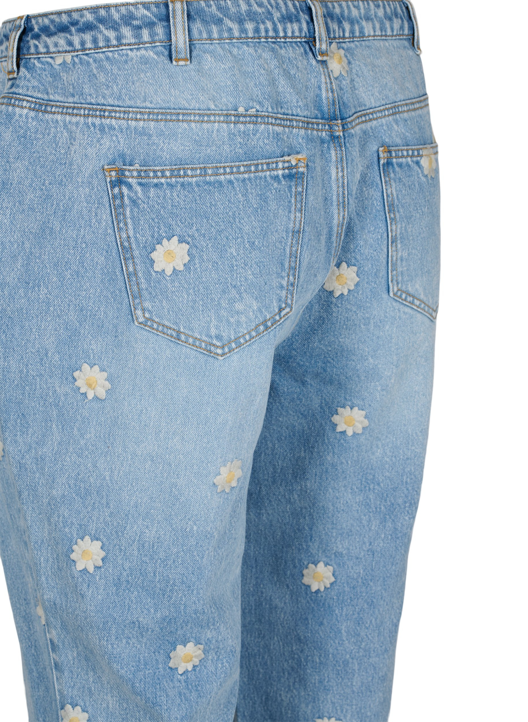 Mille mom fit jeans med blomster broderi, Light Blue w. Flower, Packshot image number 3