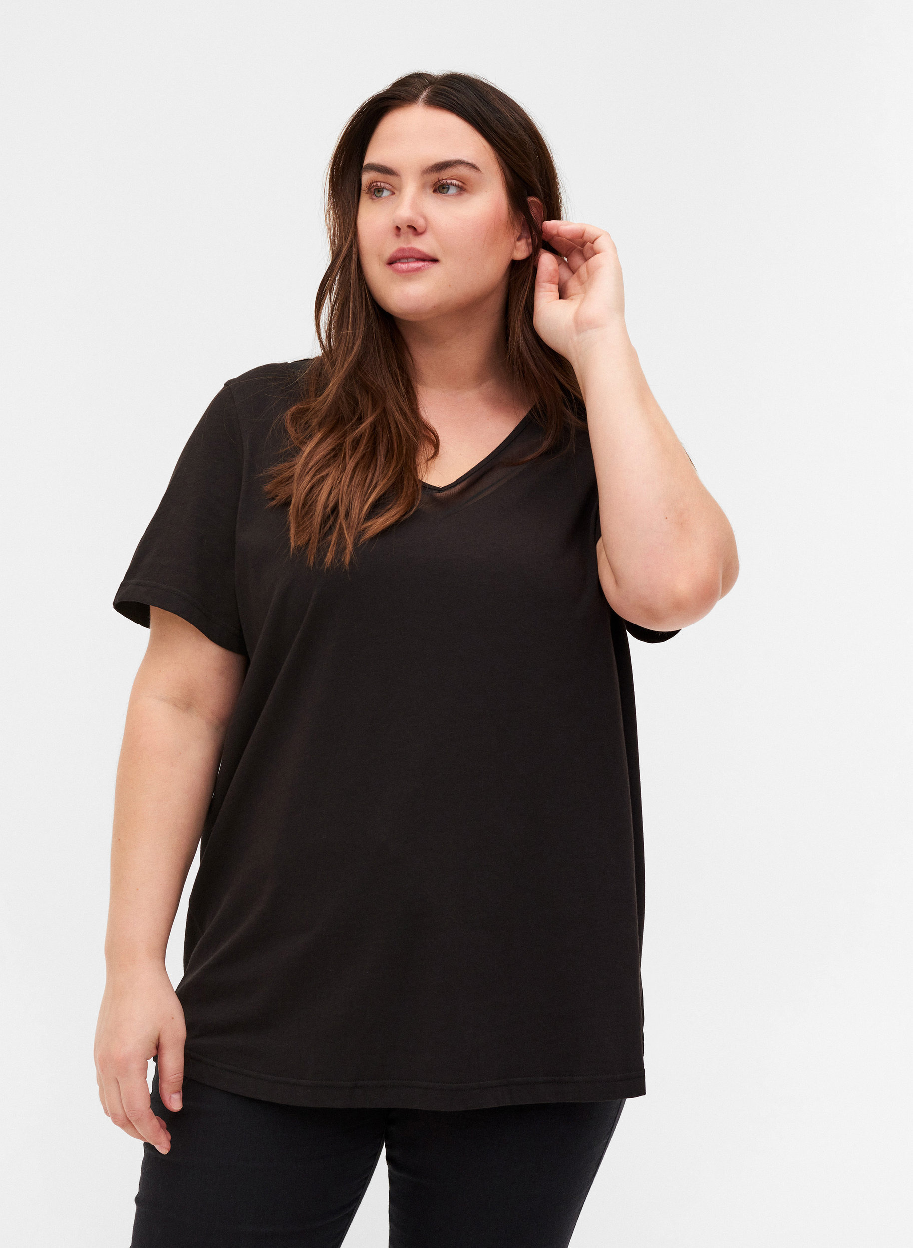 Kortærmet t-shirt med v-hals og mesh, Black, Model image number 0