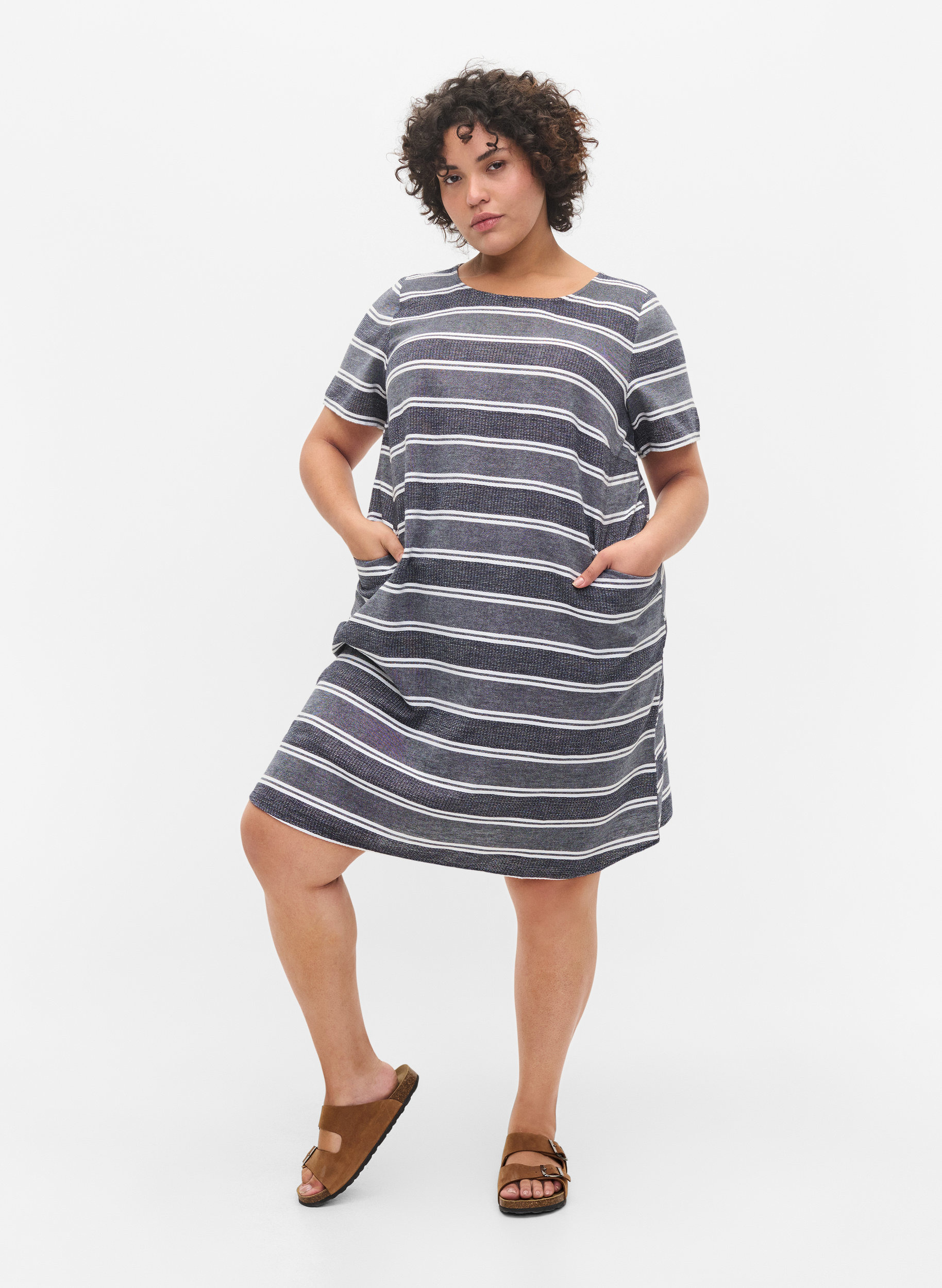 Stribet kjole med korte ærmer, Blue Stripe, Model image number 2
