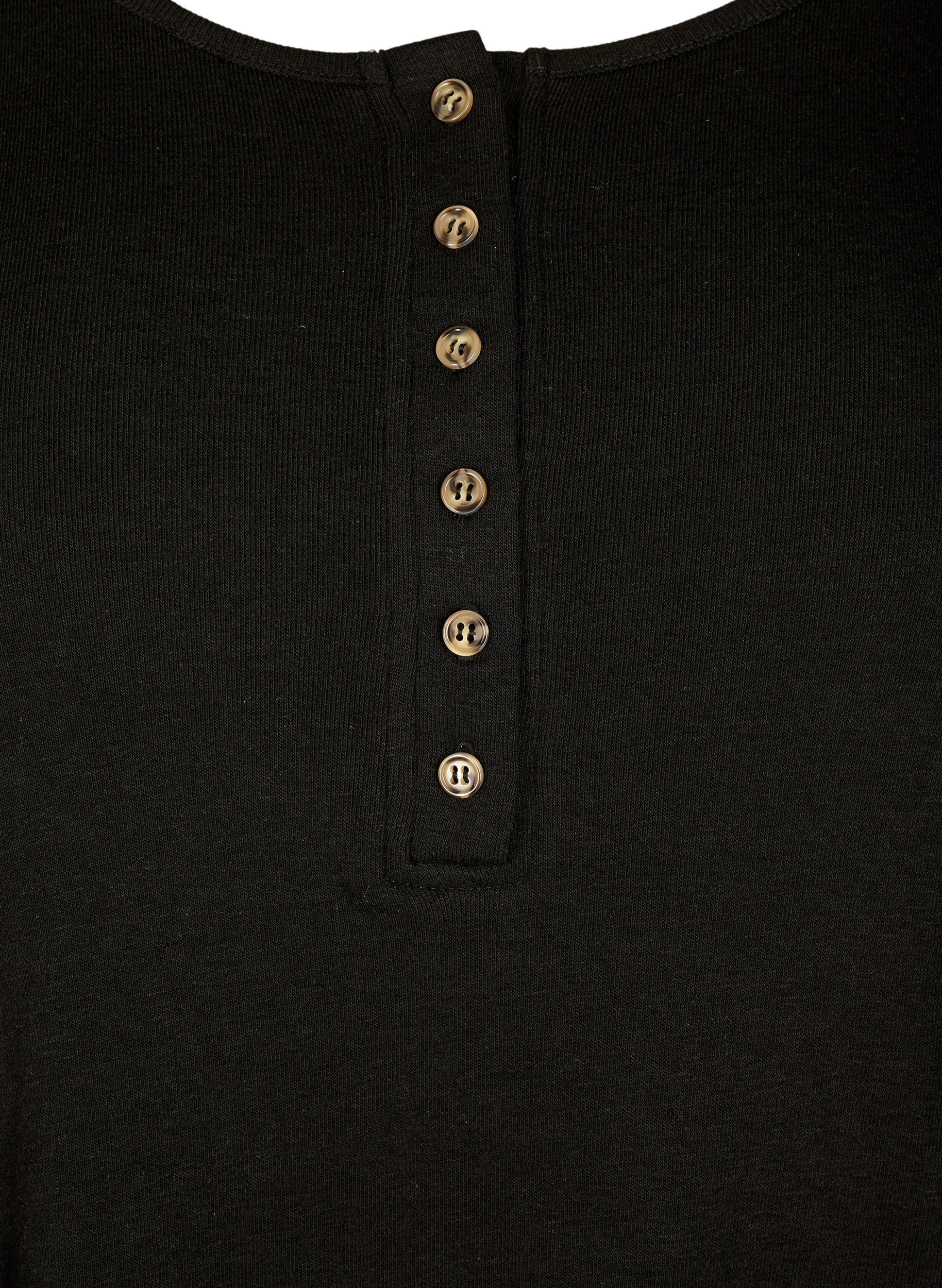 Ensfarvet bluse med knapper og 3/4 ærmer , Black, Packshot image number 2