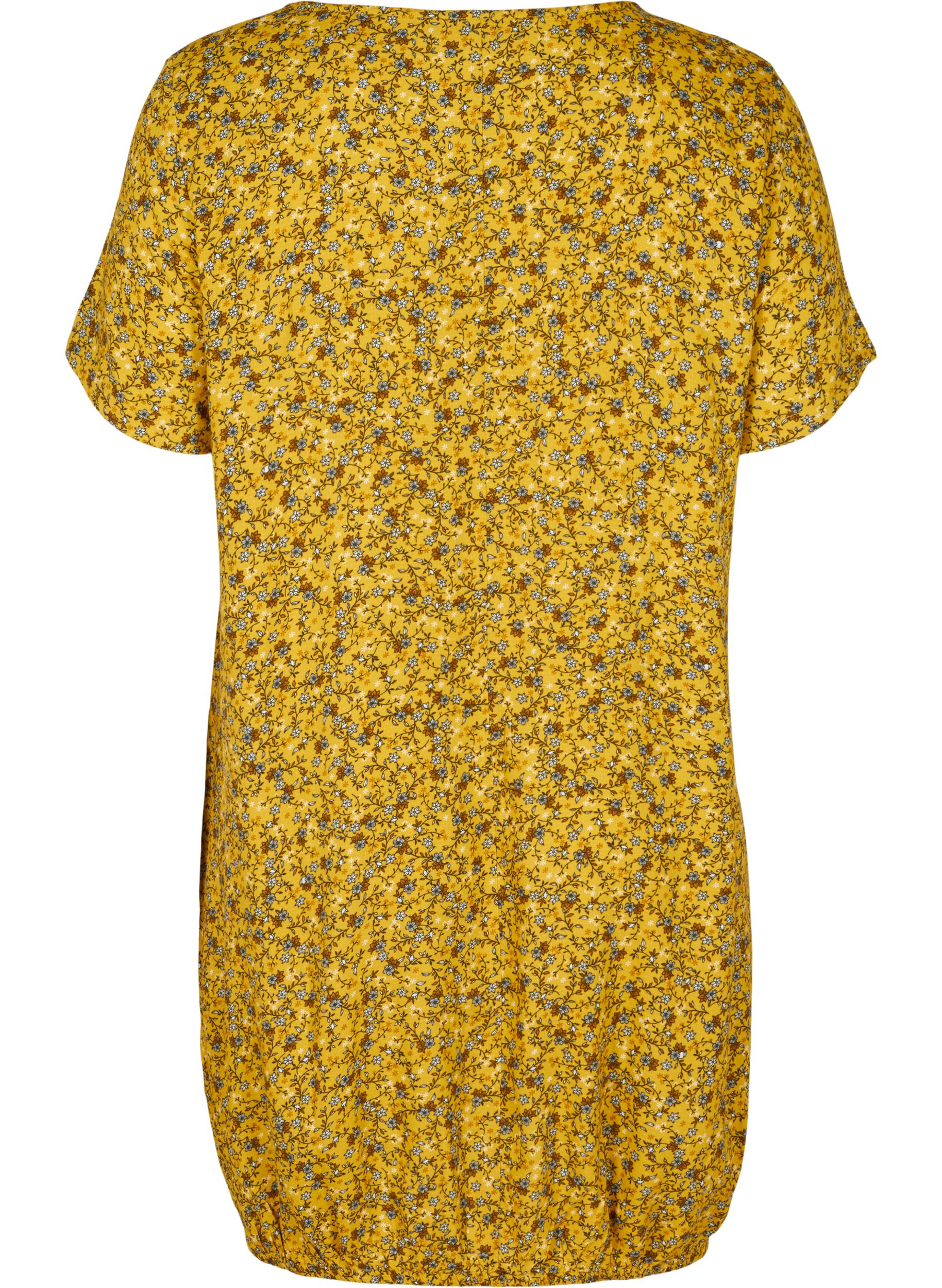 Kortærmet viskose kjole med print, Yellow Ditsy Flower, Packshot image number 1
