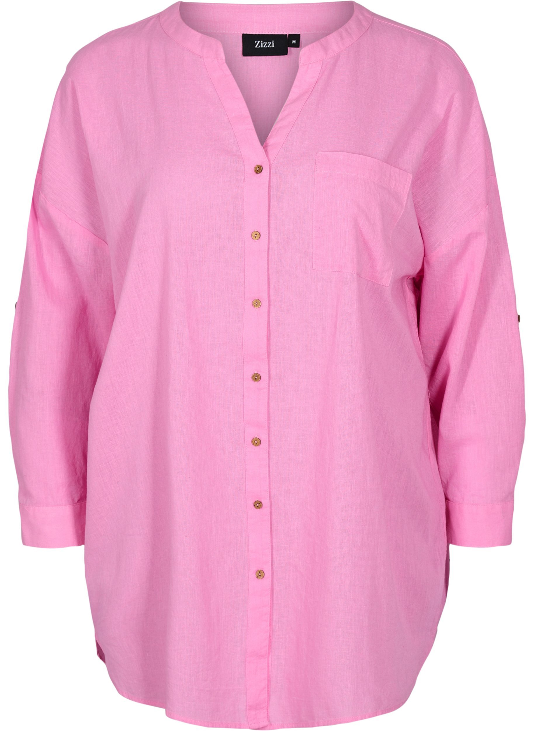 Bluse med 3/4 ærmer og knaplukning, Begonia Pink, Packshot