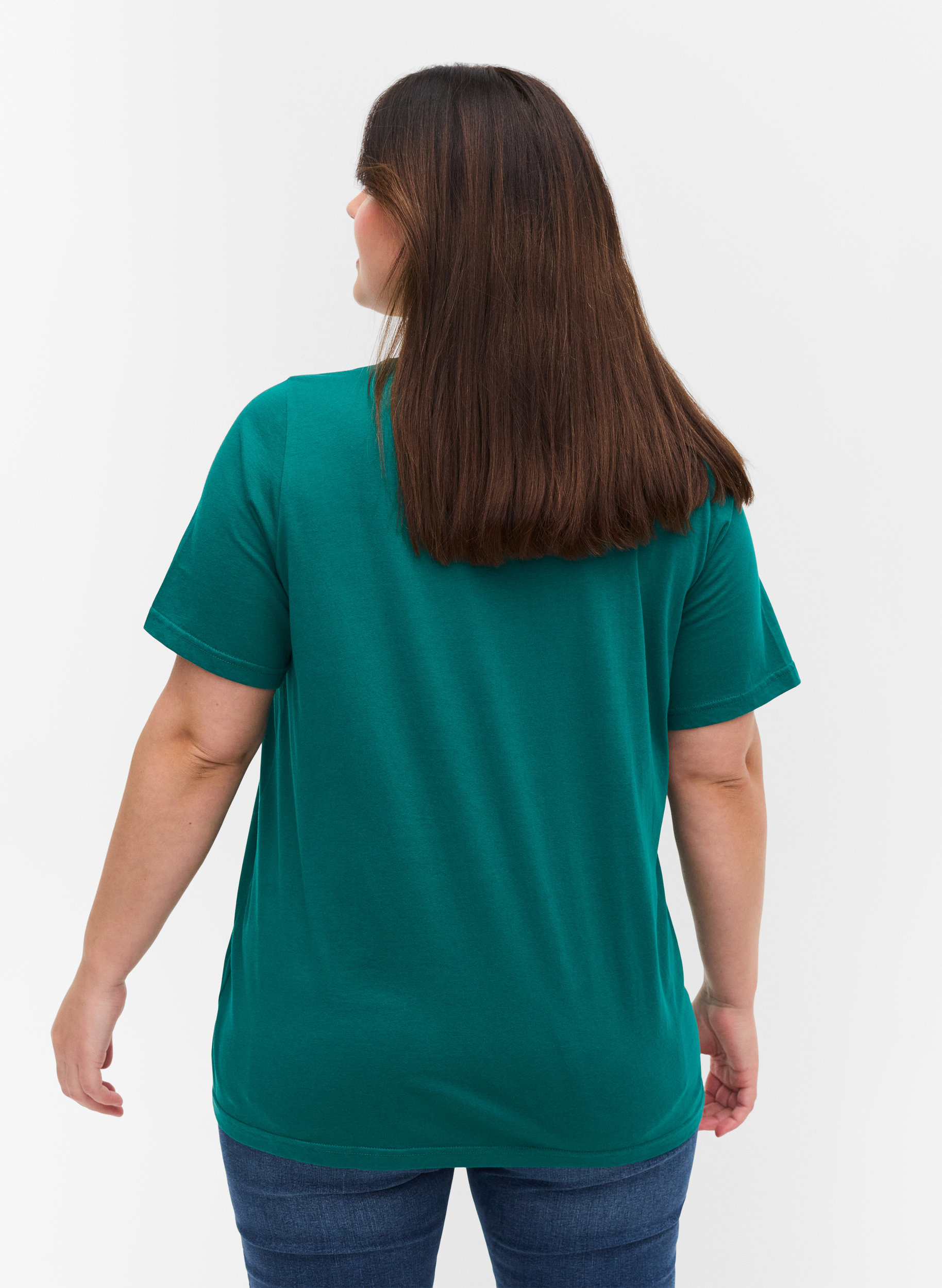 T-shirt i økologisk bomuld med v-udskæring, Teal Green, Model image number 1