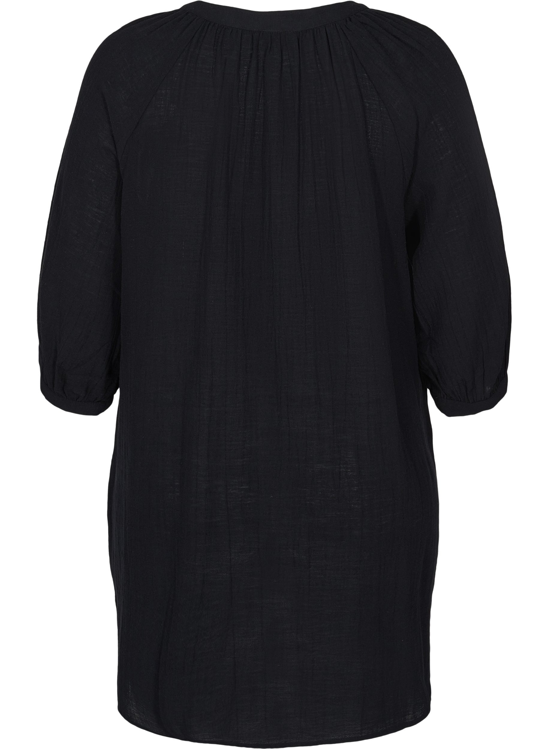 Bomulds tunika med knapper og 3/4 ærmer, Black, Packshot image number 1