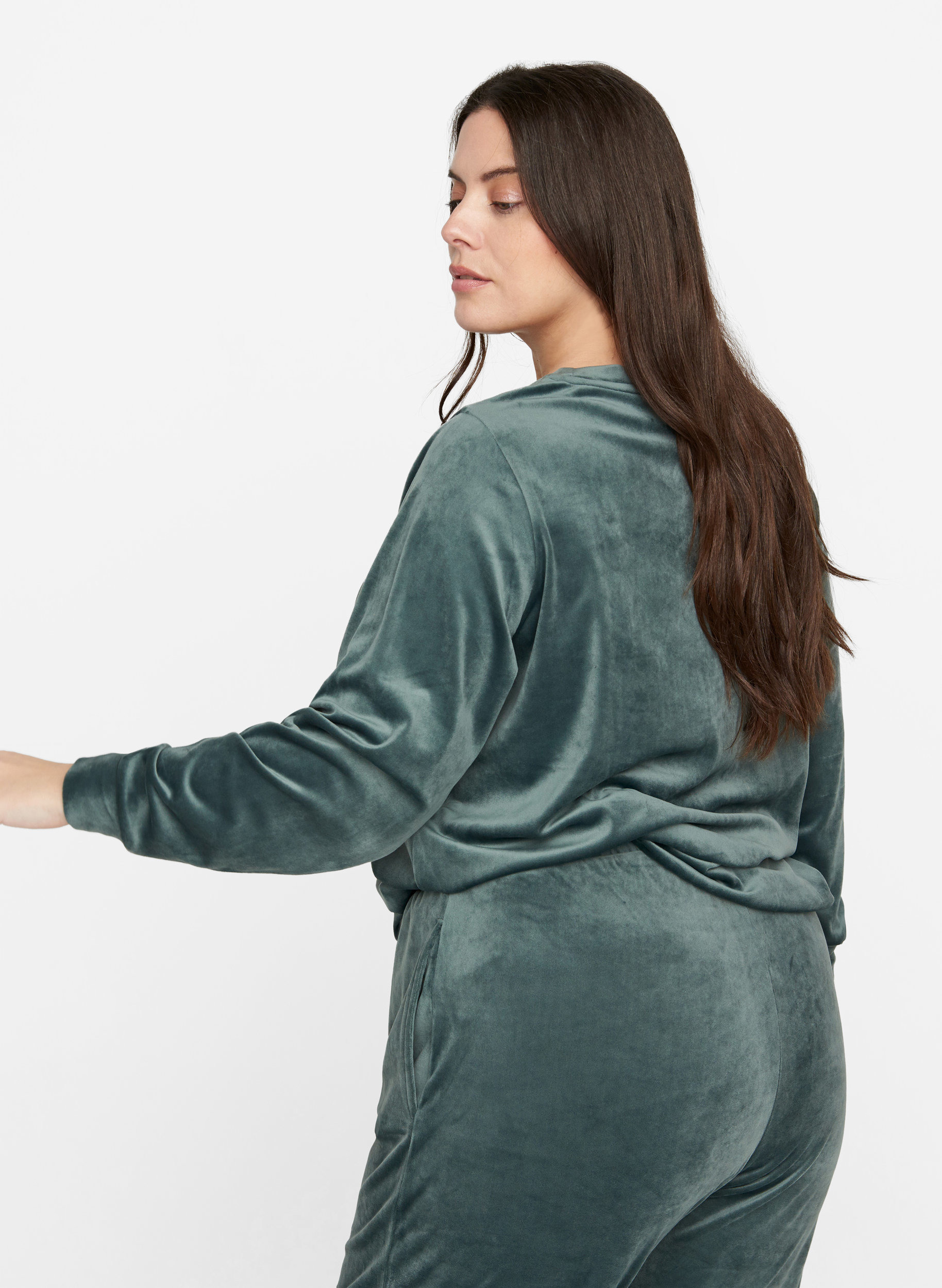 Langærmet velour bluse med bindedetalje, Balsam Green, Model image number 1
