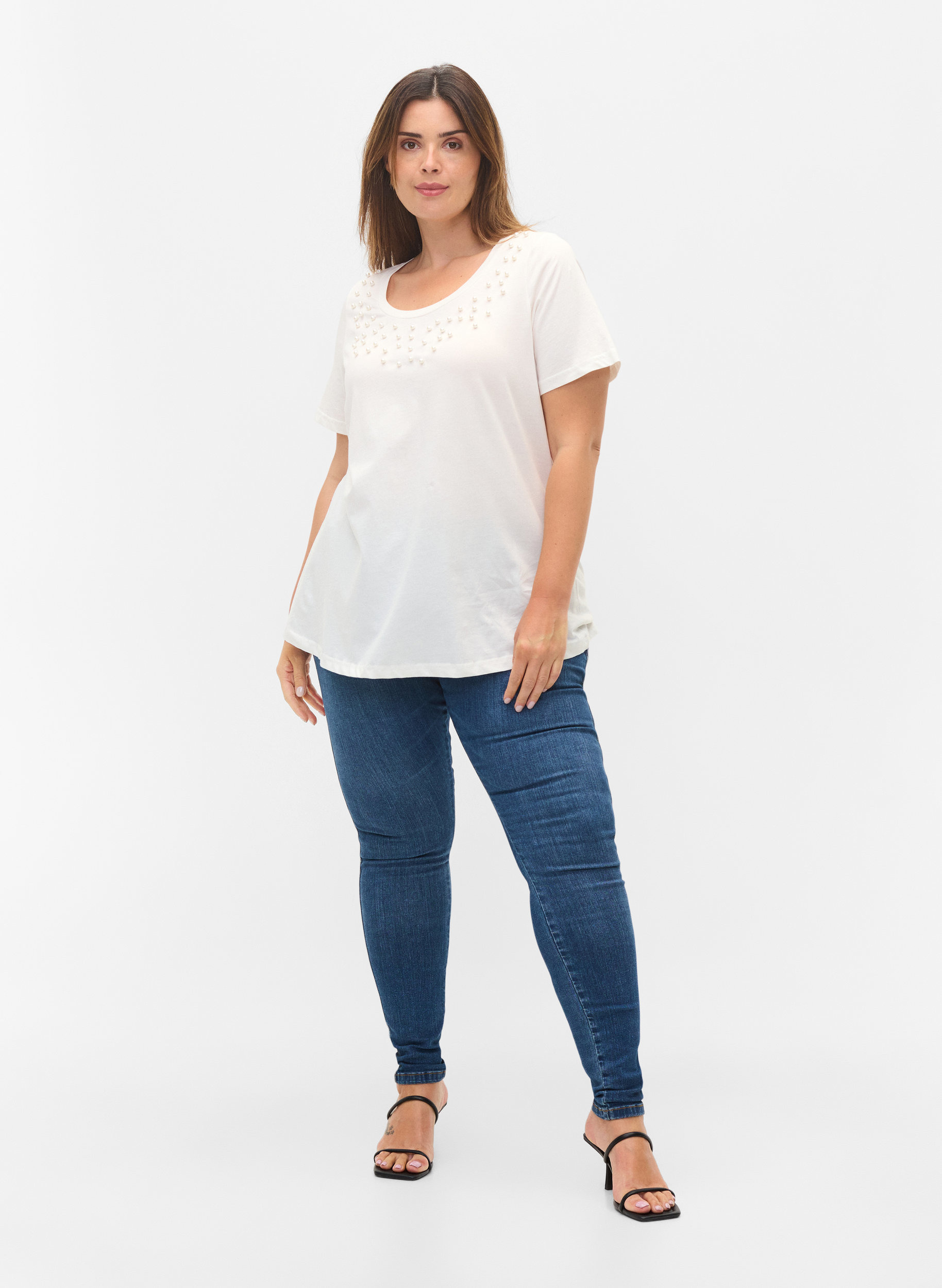 Bomulds t-shirt med perler, Warm Off-white, Model image number 2