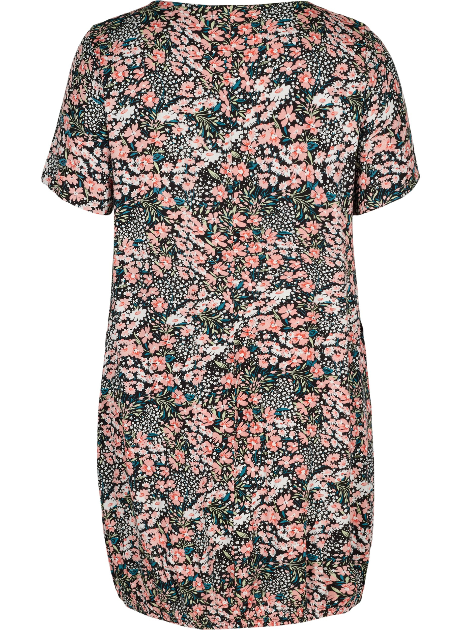 Kortærmet viskose kjole med print, Black/Coral Flower, Packshot image number 1