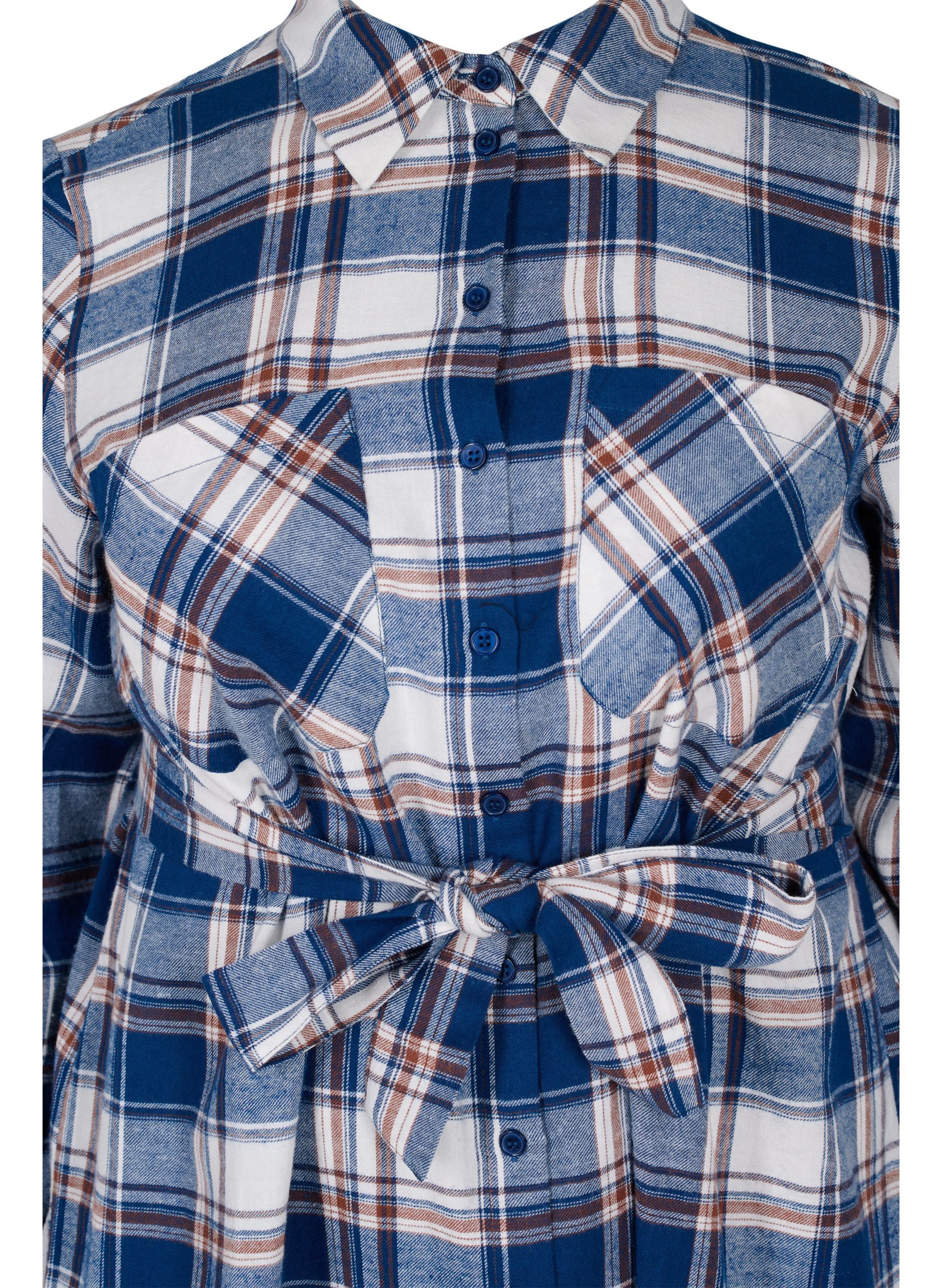 Ternet skjortekjole med bindedetalje, Blue White Check, Packshot image number 2