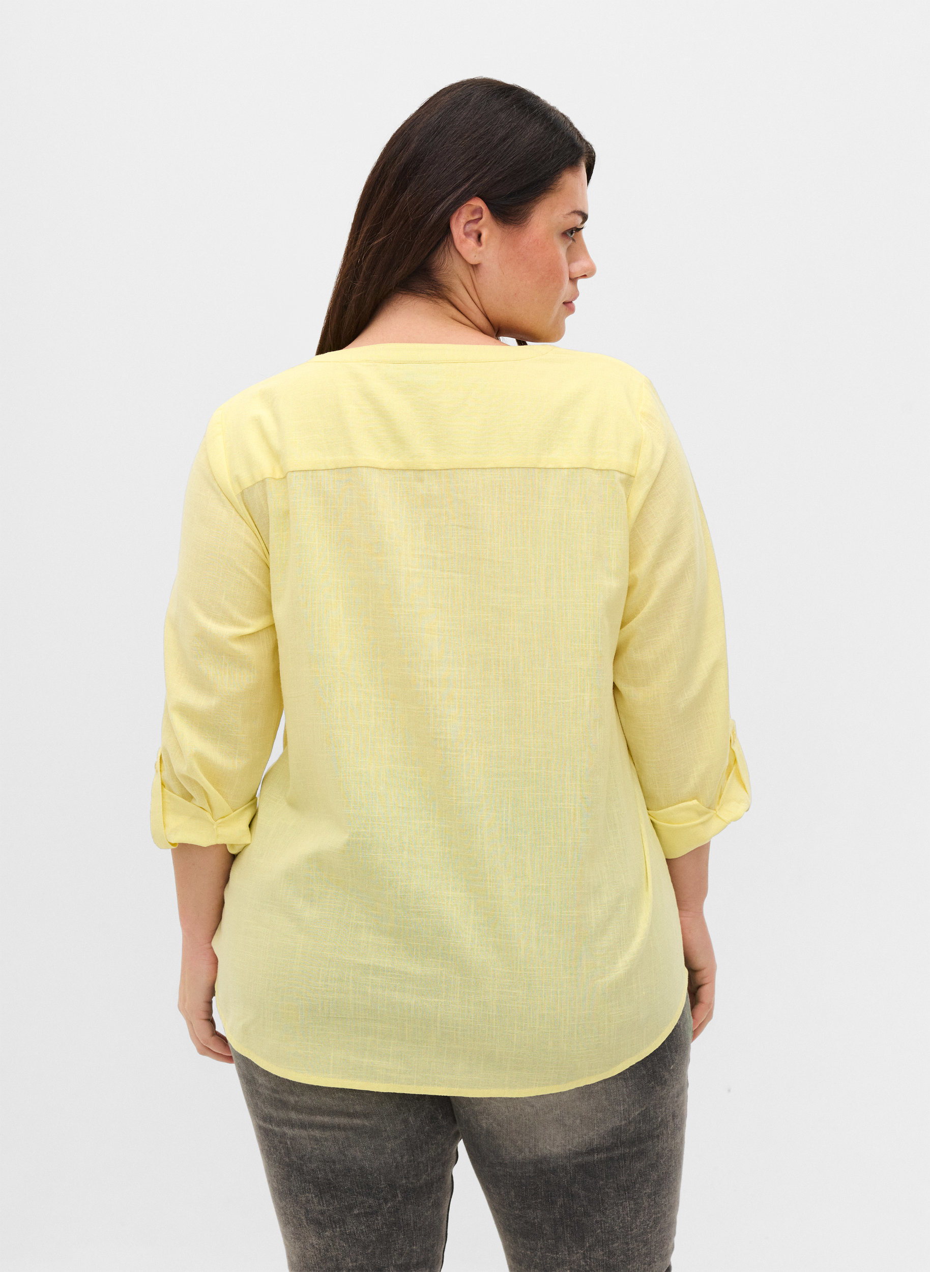 Skjortebluse i bomuld med v-udskæring, Yellow, Model image number 1