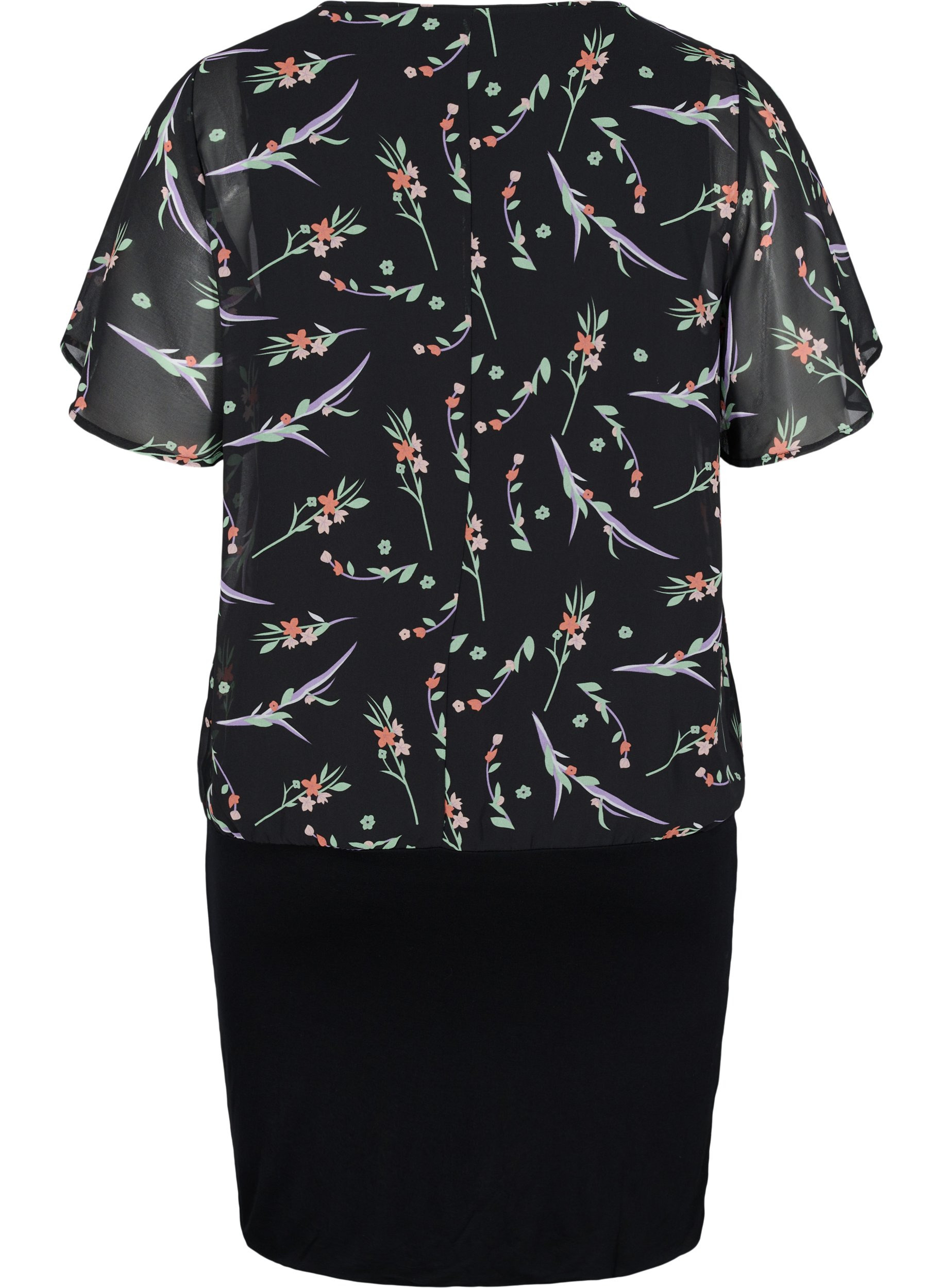 Kortærmet kjole med en blomstret overdel, Black AOP, Packshot image number 1
