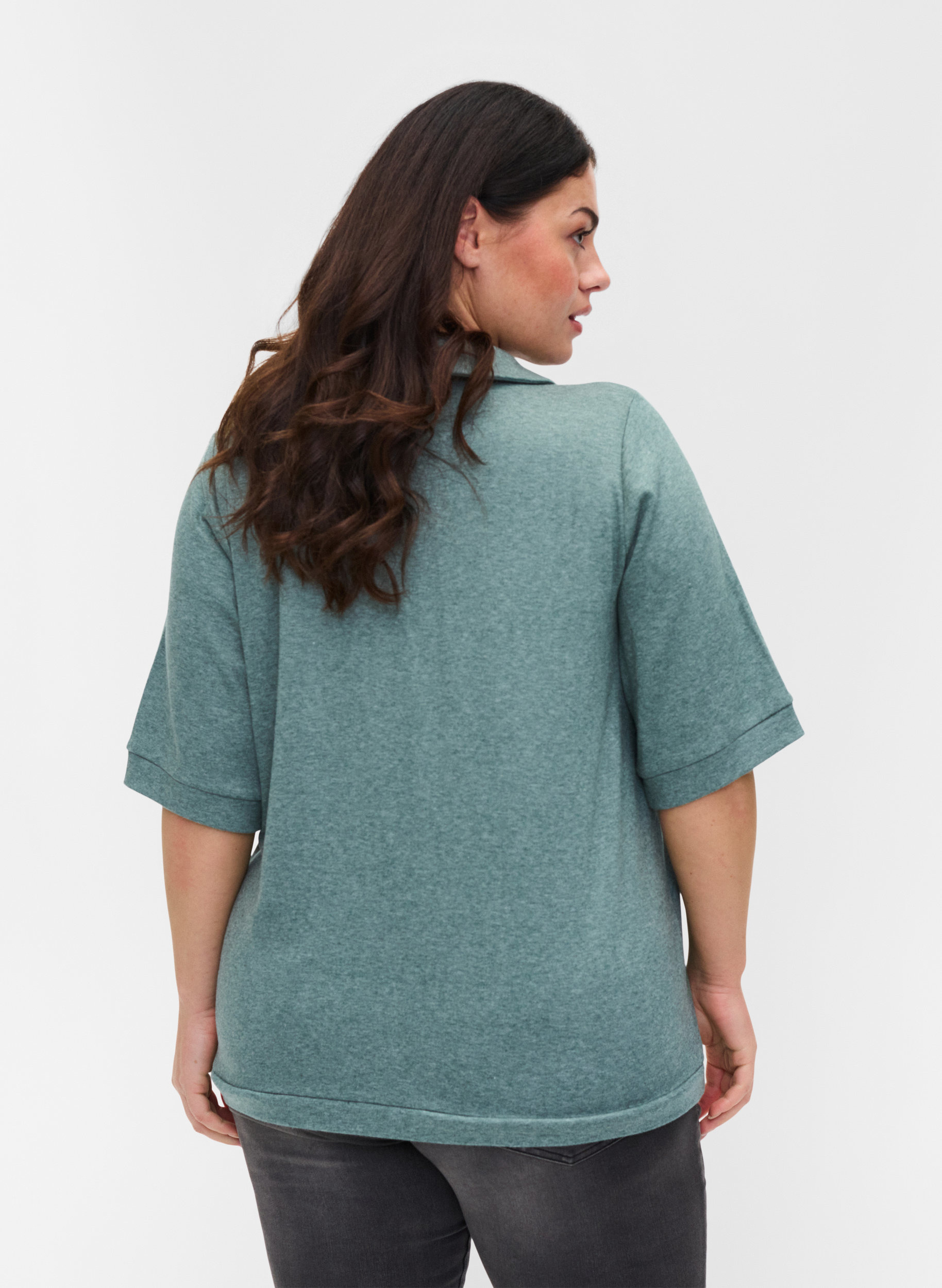 Meleret bluse med krave og 2/4 ærmer, Green Melange, Model image number 1