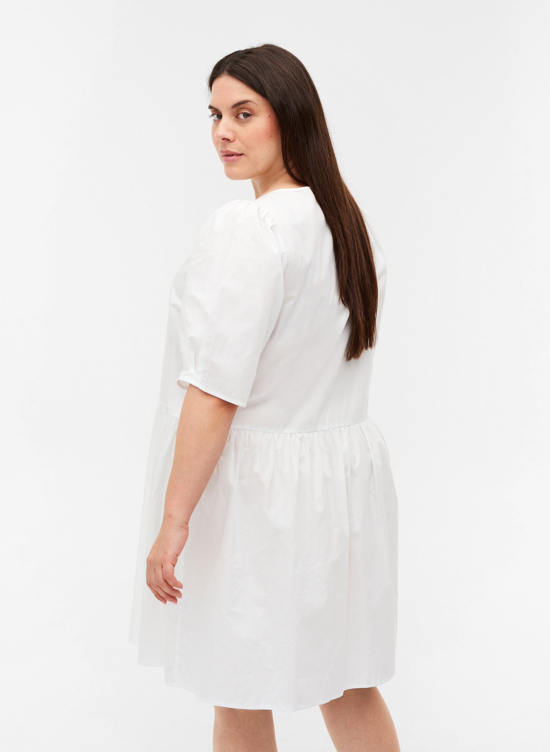 Bomulds skjortekjole med pufærmer, Bright White, Model image number 1