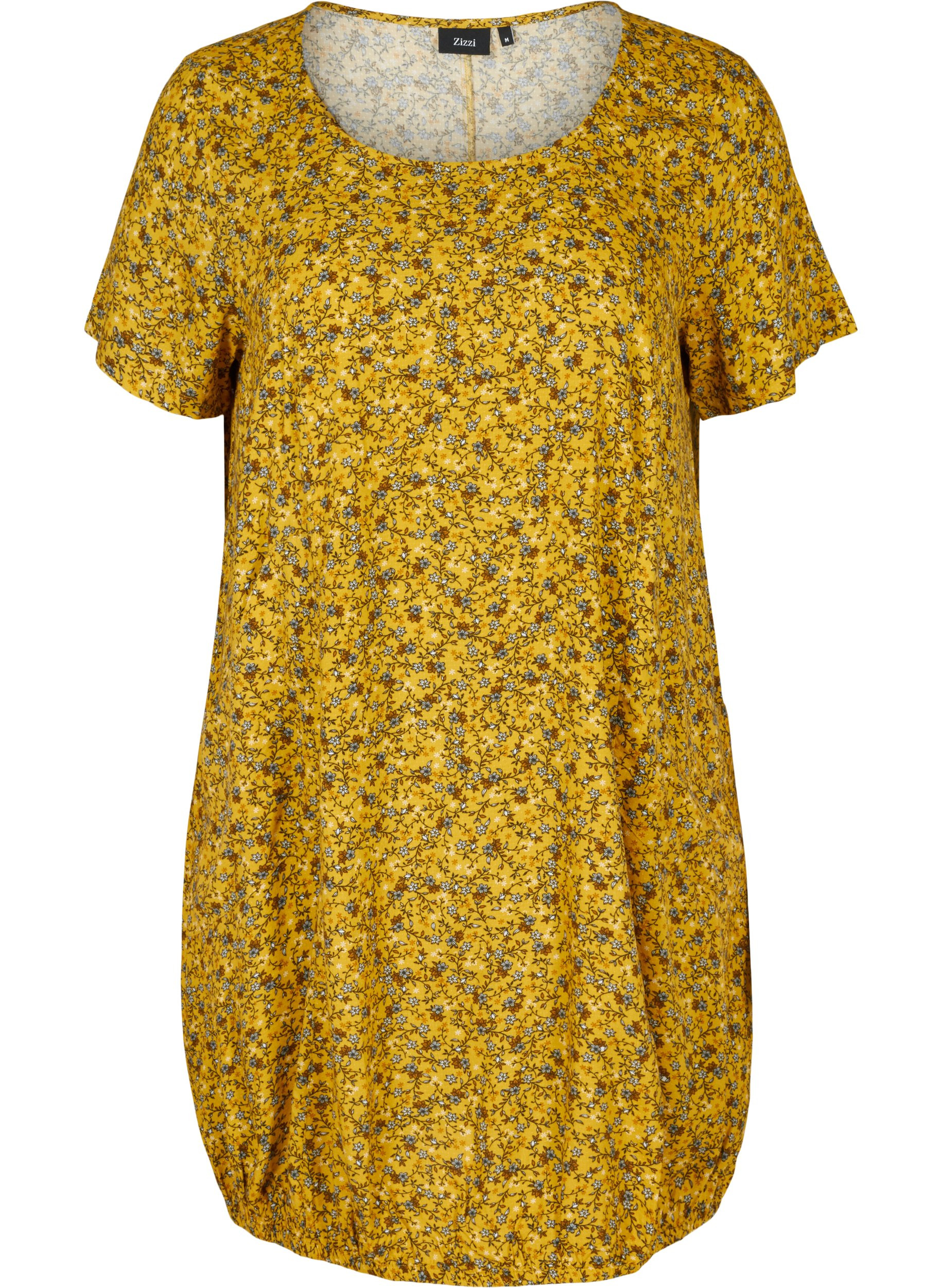 Kortærmet viskose kjole med print, Yellow Ditsy Flower