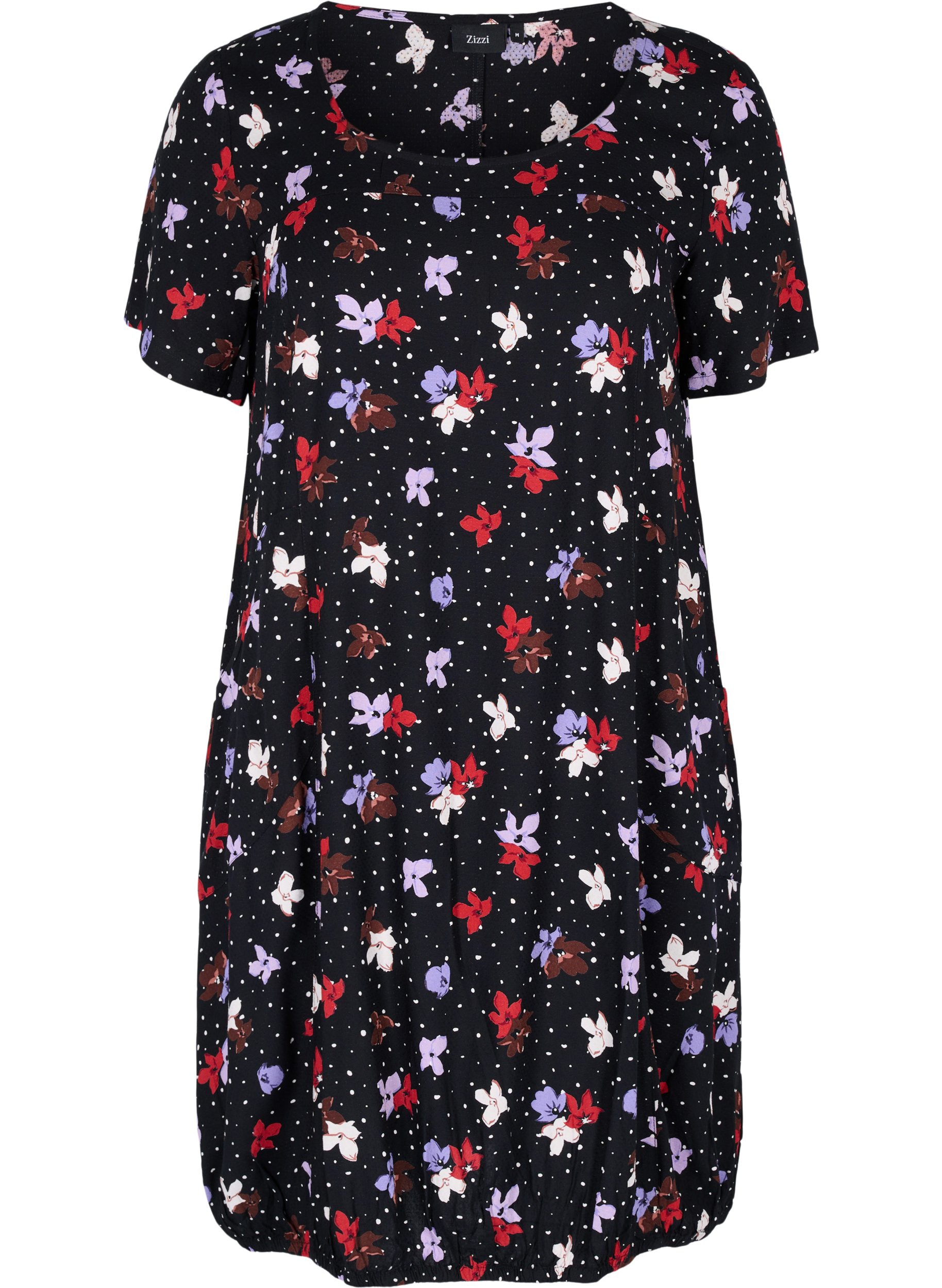 Kortærmet viskose kjole med print, Black Dot Flower, Packshot image number 0