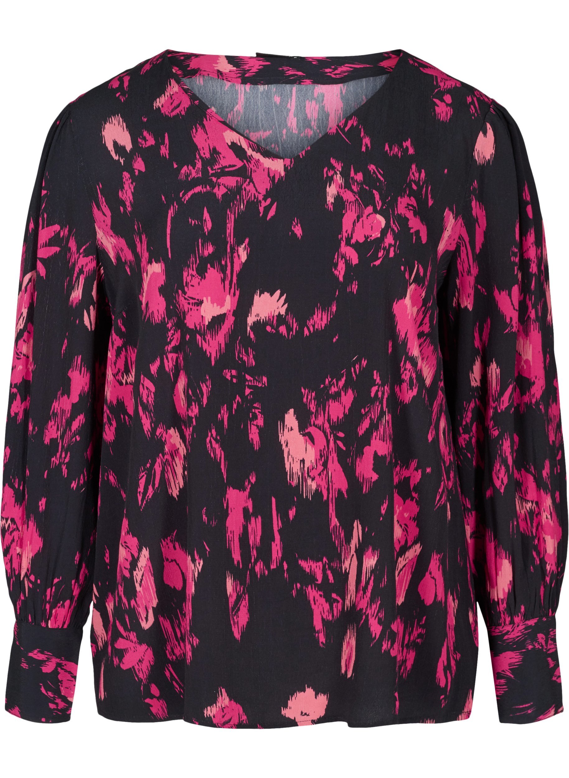 Langærmet viskose bluse med print, Black Pink AOP, Packshot image number 0
