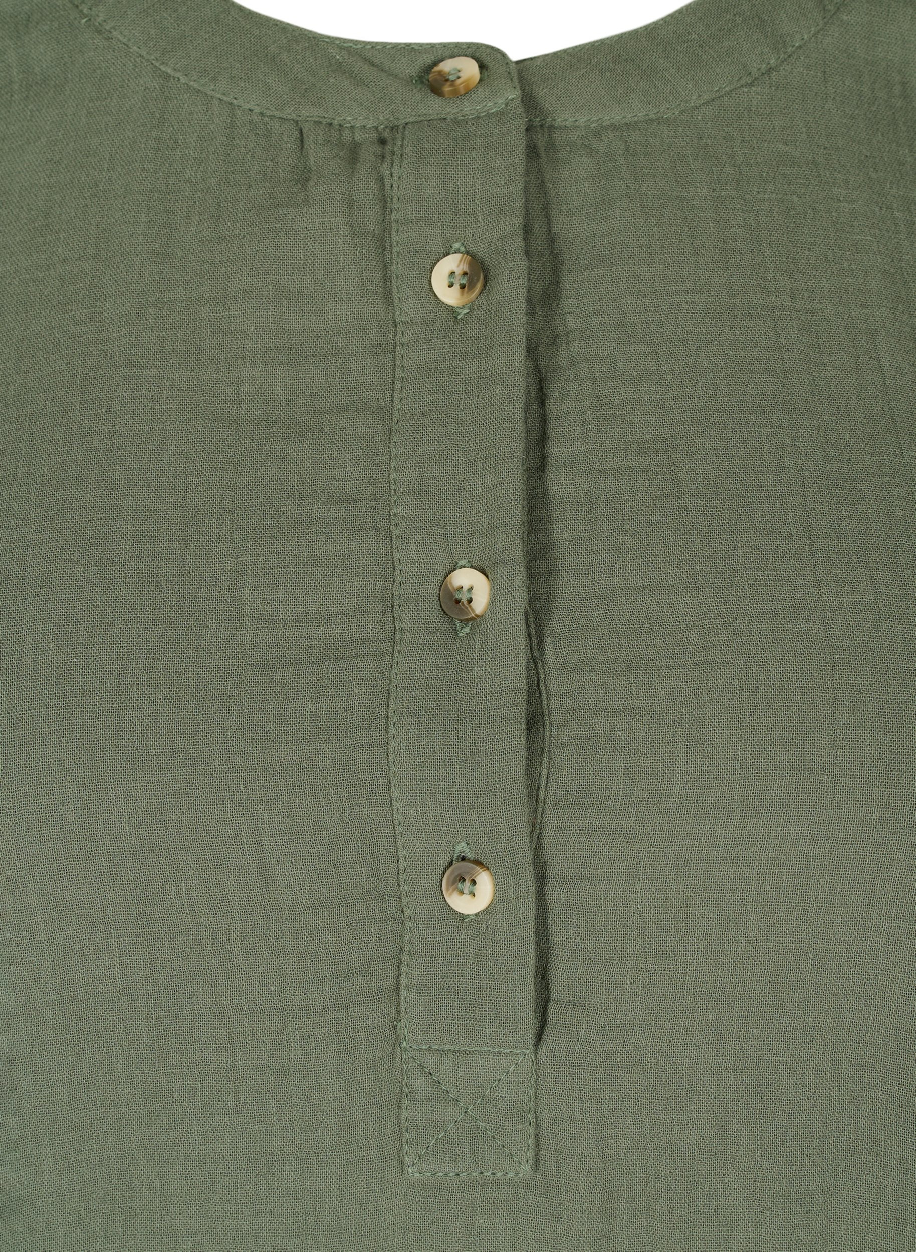 Bomulds bluse med knapper og 3/4 ærmer, Thyme, Packshot image number 2