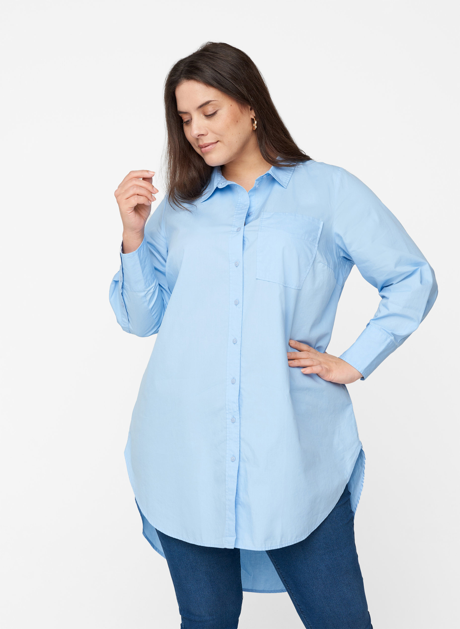 Lang bomulds skjorte med brystlomme, Blue Heron, Model image number 0