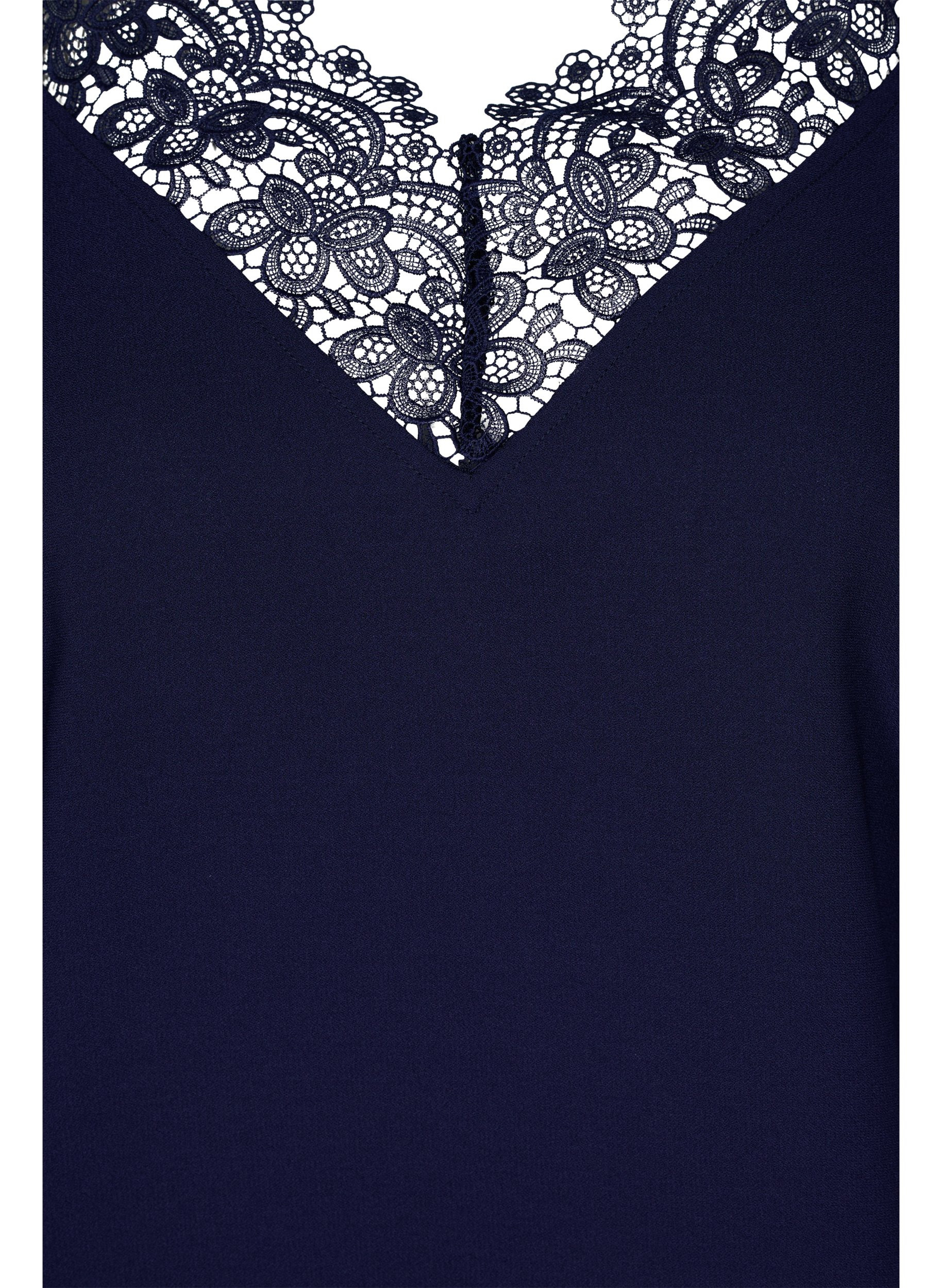 Ærmeløs top med v-udskæring og blonder, Navy Blazer, Packshot image number 2
