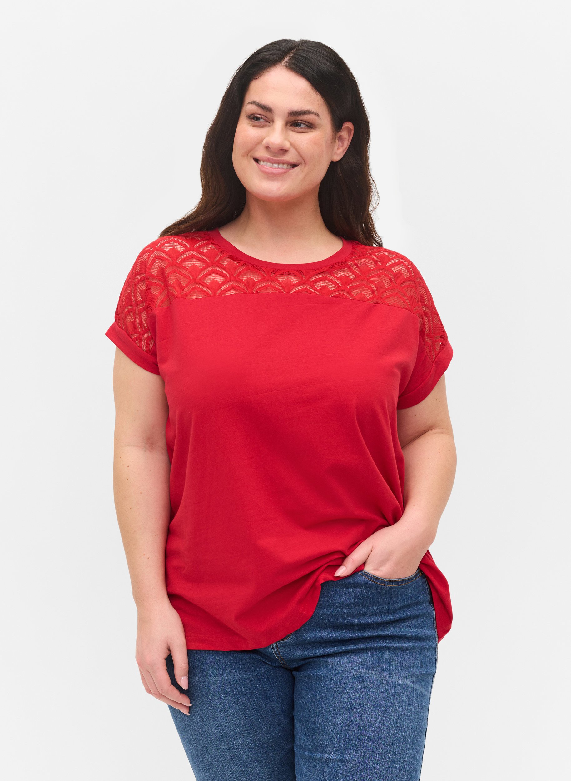 Kortærmet bomulds t-shirt med blonder, Tango Red, Model