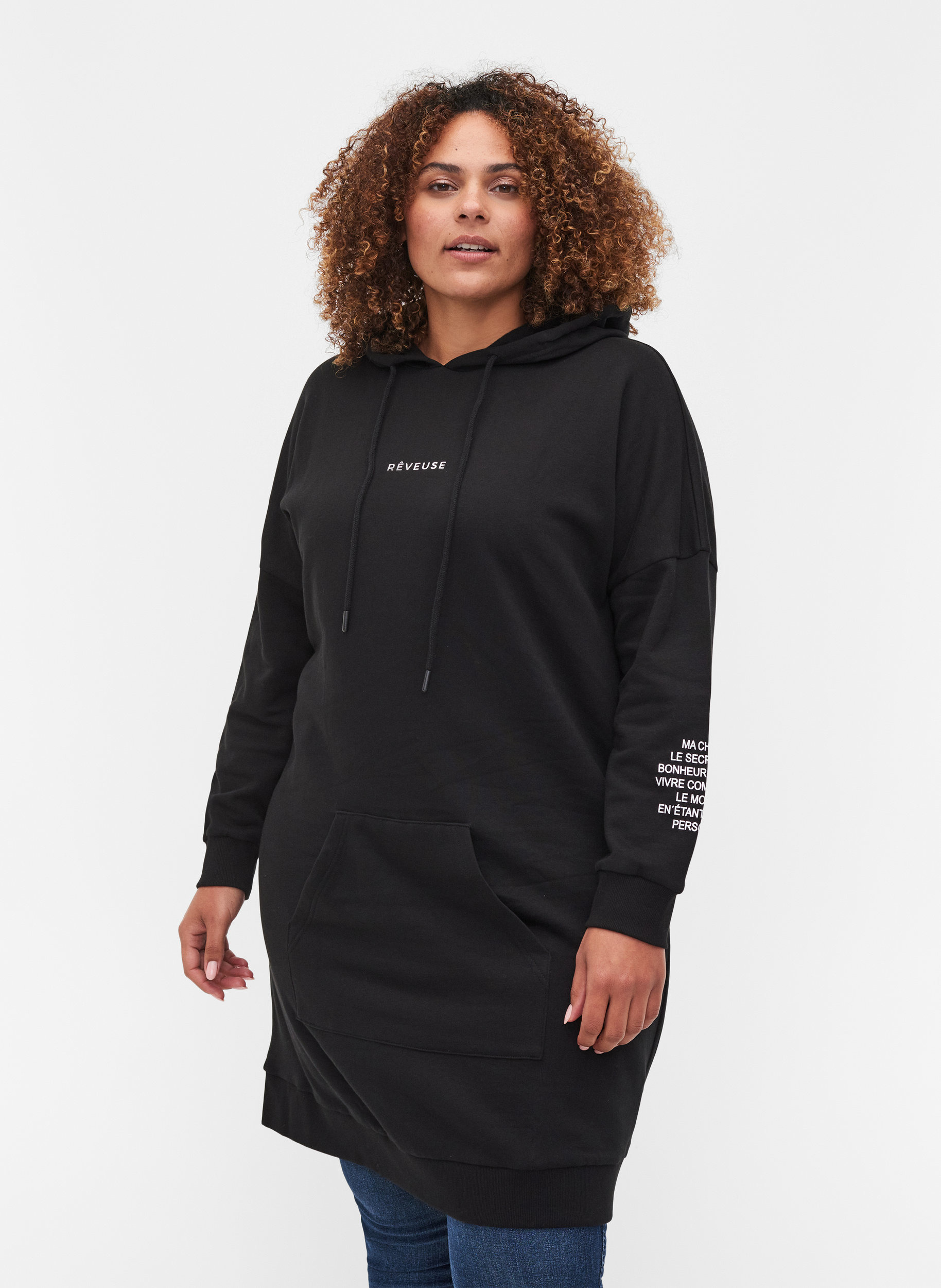 Bomulds sweatkjole med hætte og tekstprint, Black, Model
