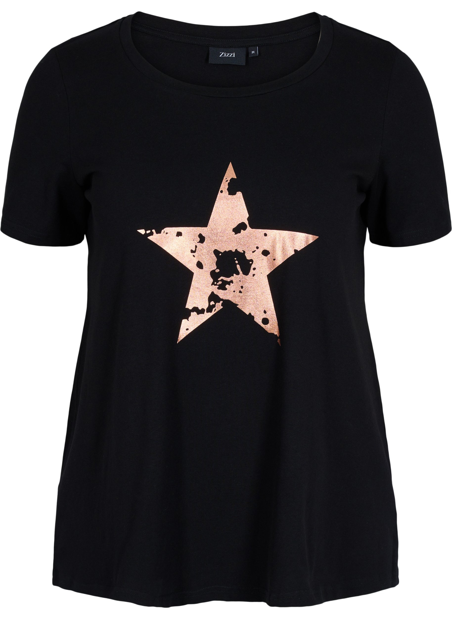 Kortærmet bomulds t-shirt med tryk, Black w. star copper