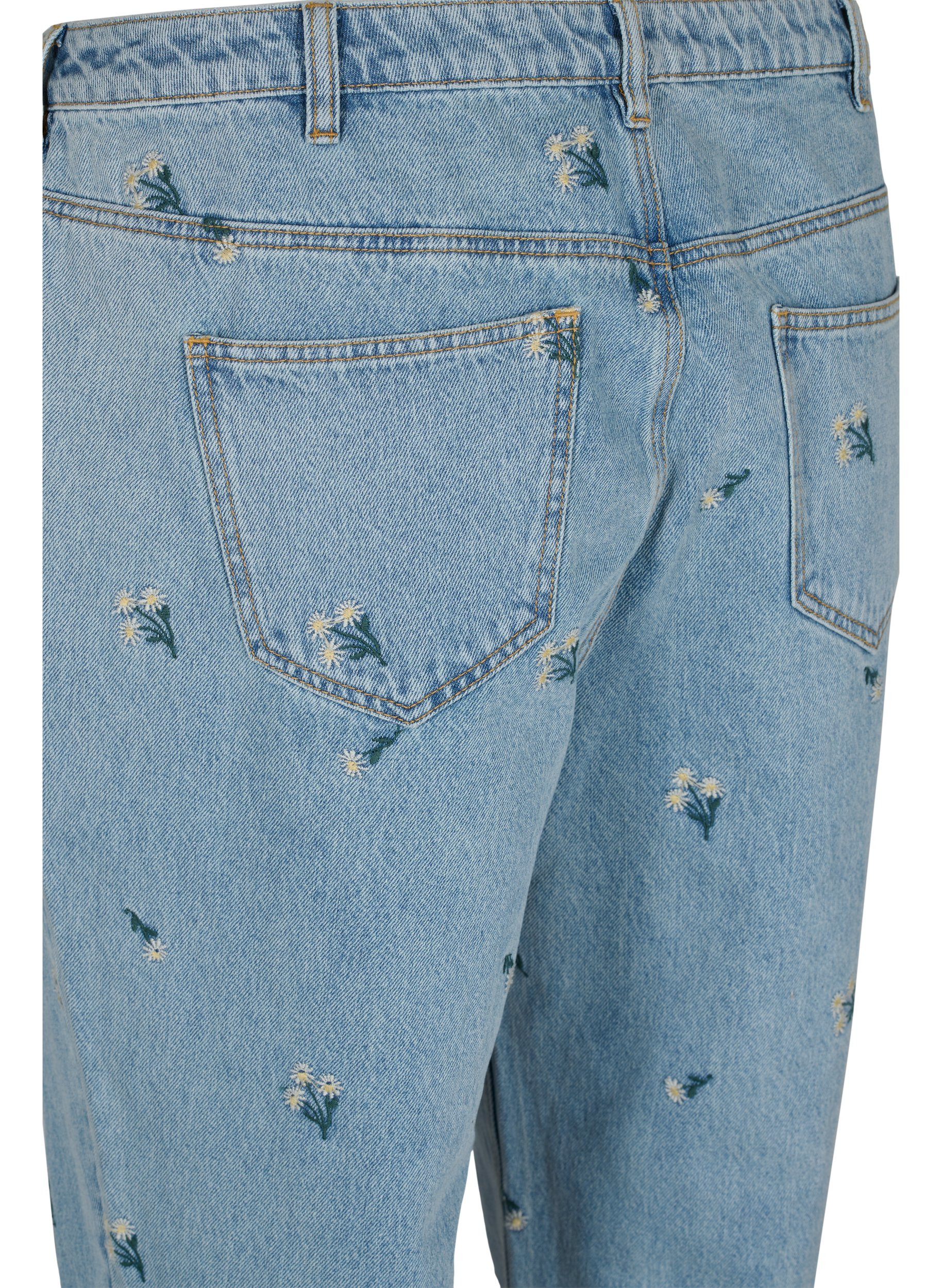 Mille mom fit jeans med blomster broderi, Blue w. Small Flower, Packshot image number 3