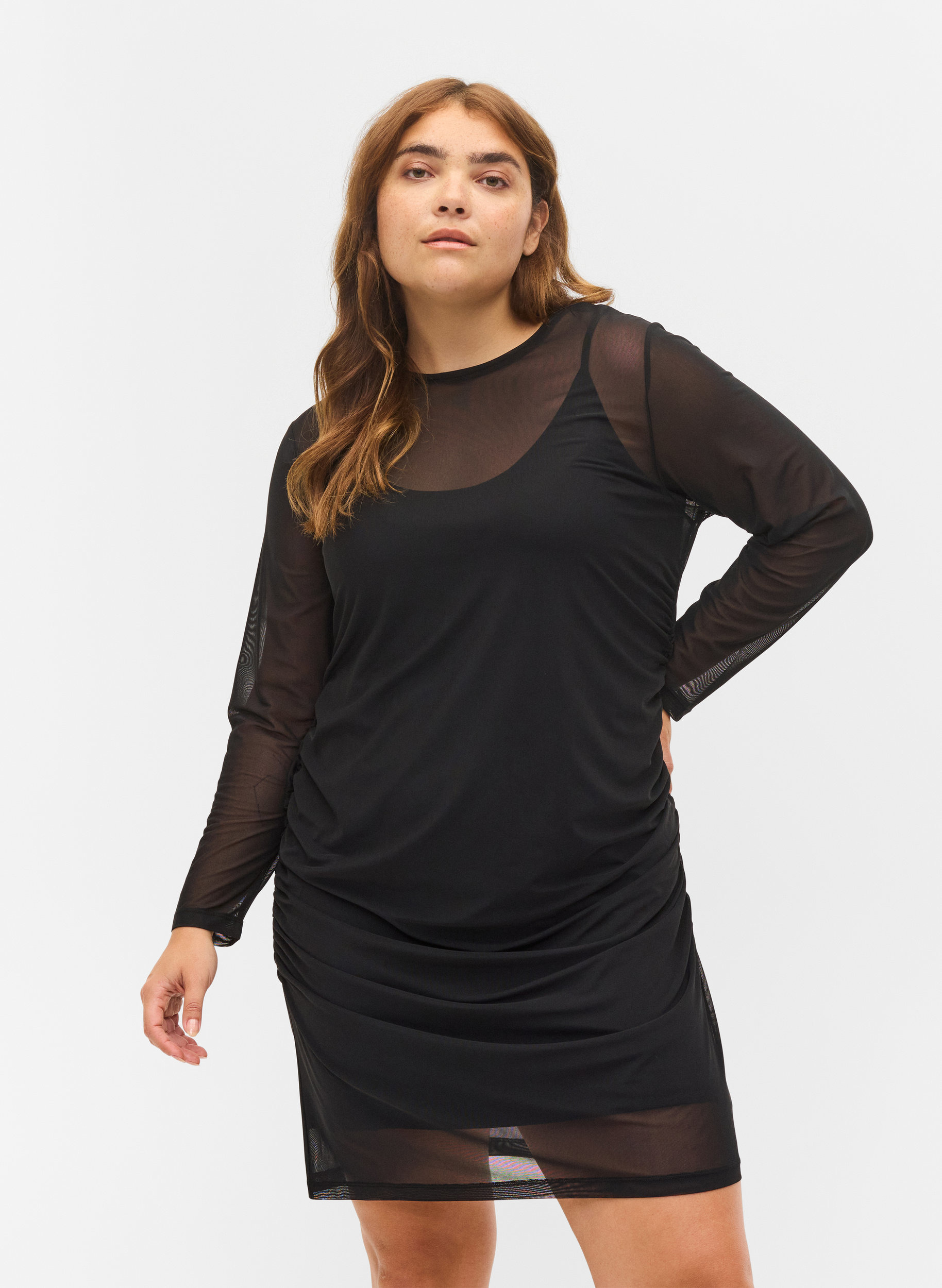 Tætsiddende mesh kjole med 3/4 ærmer, Black, Model image number 0