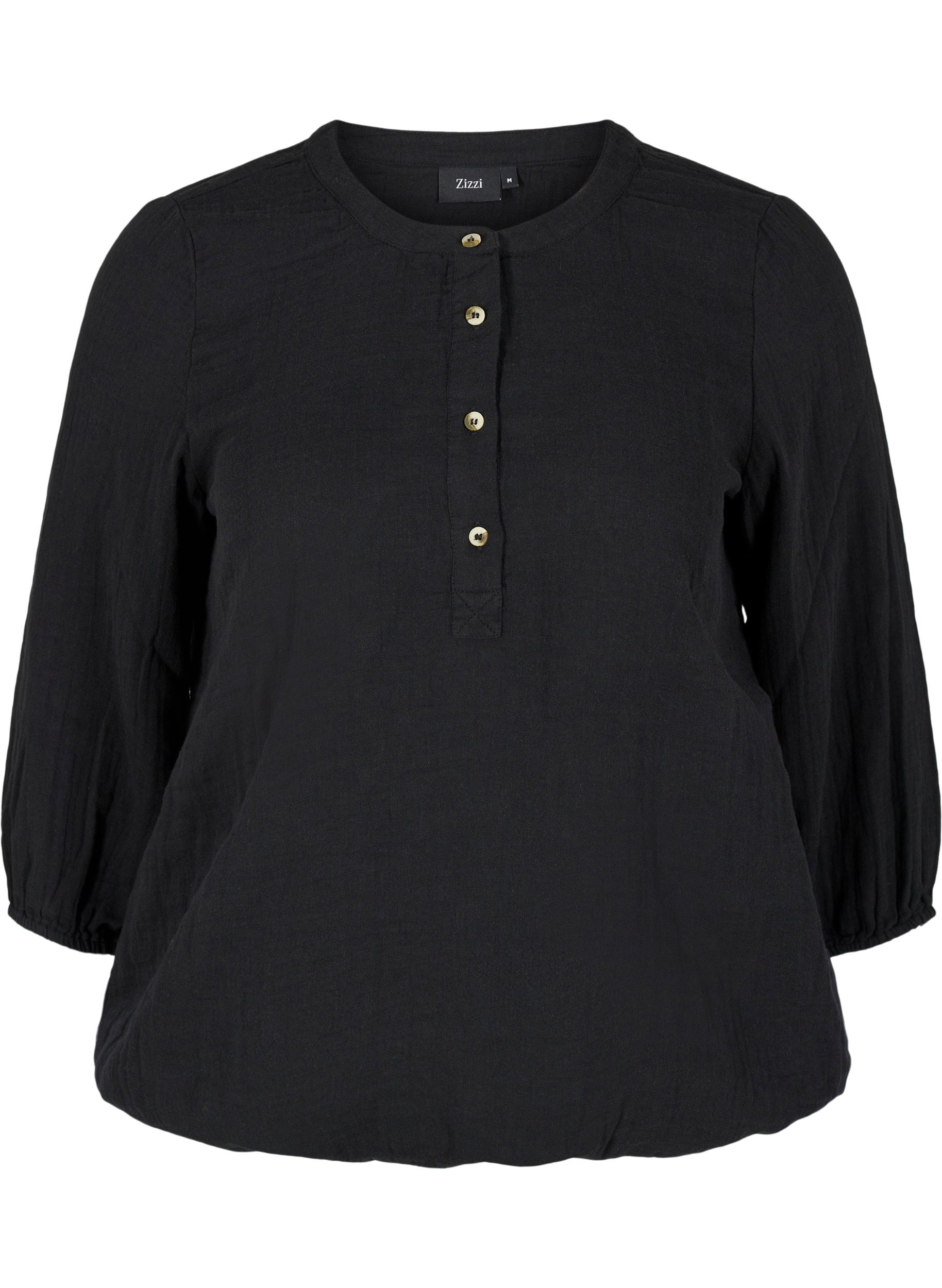 Bomulds bluse med knapper og 3/4 ærmer, Black, Packshot image number 0