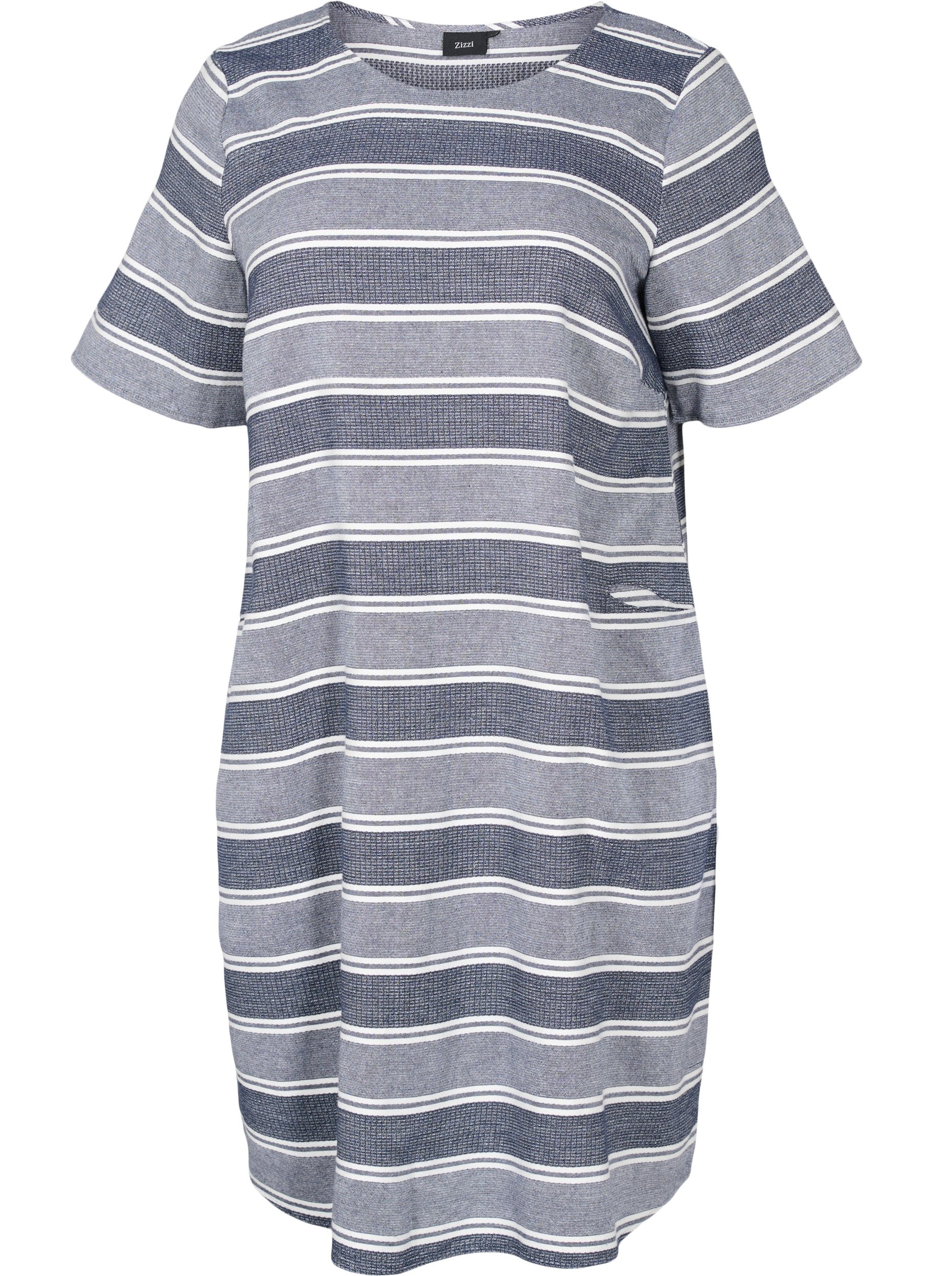 Stribet kjole med korte ærmer, Blue Stripe, Packshot image number 0