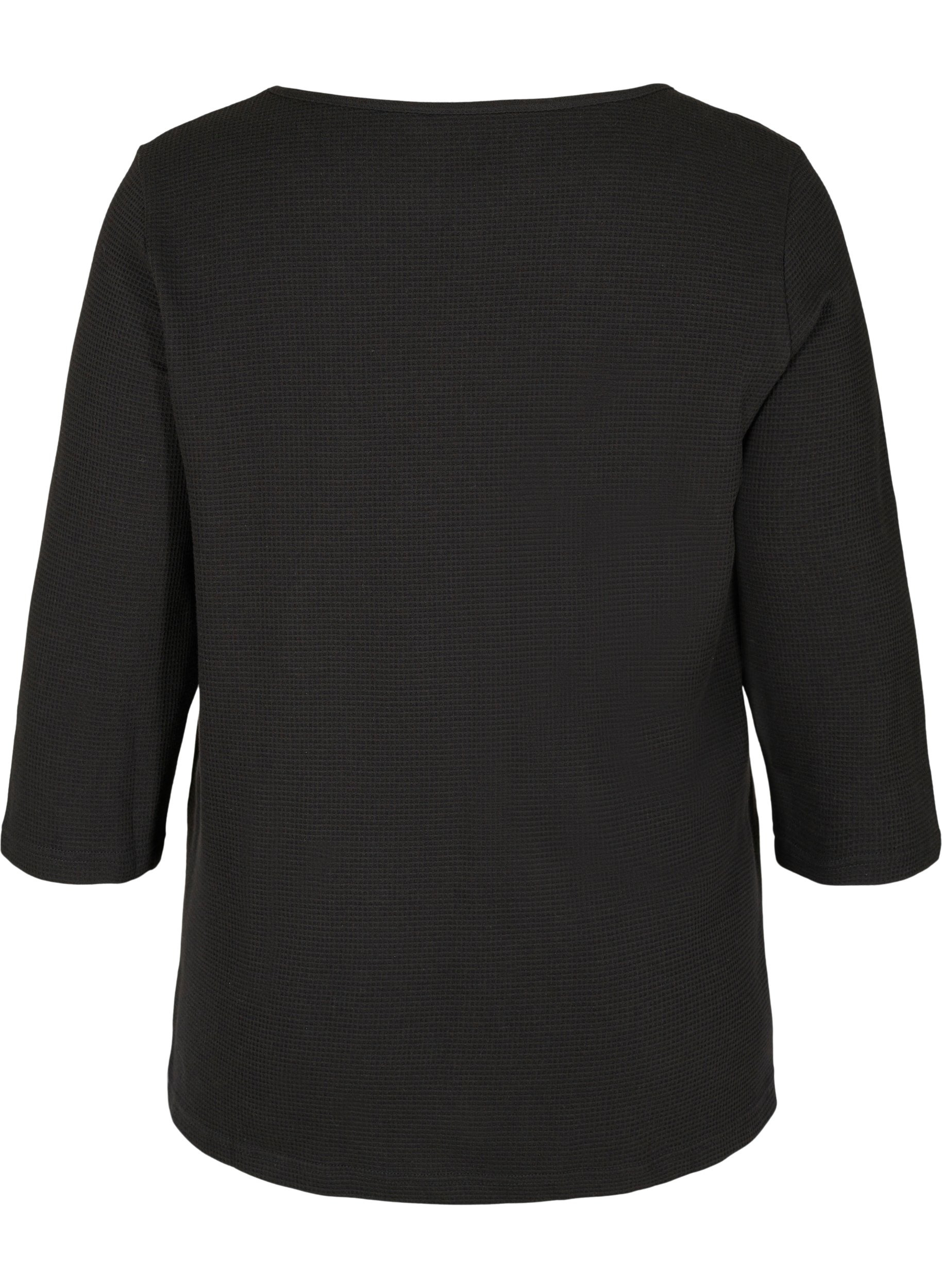 Bomulds bluse med v-hals og 3/4 ærmer, Black, Packshot image number 1