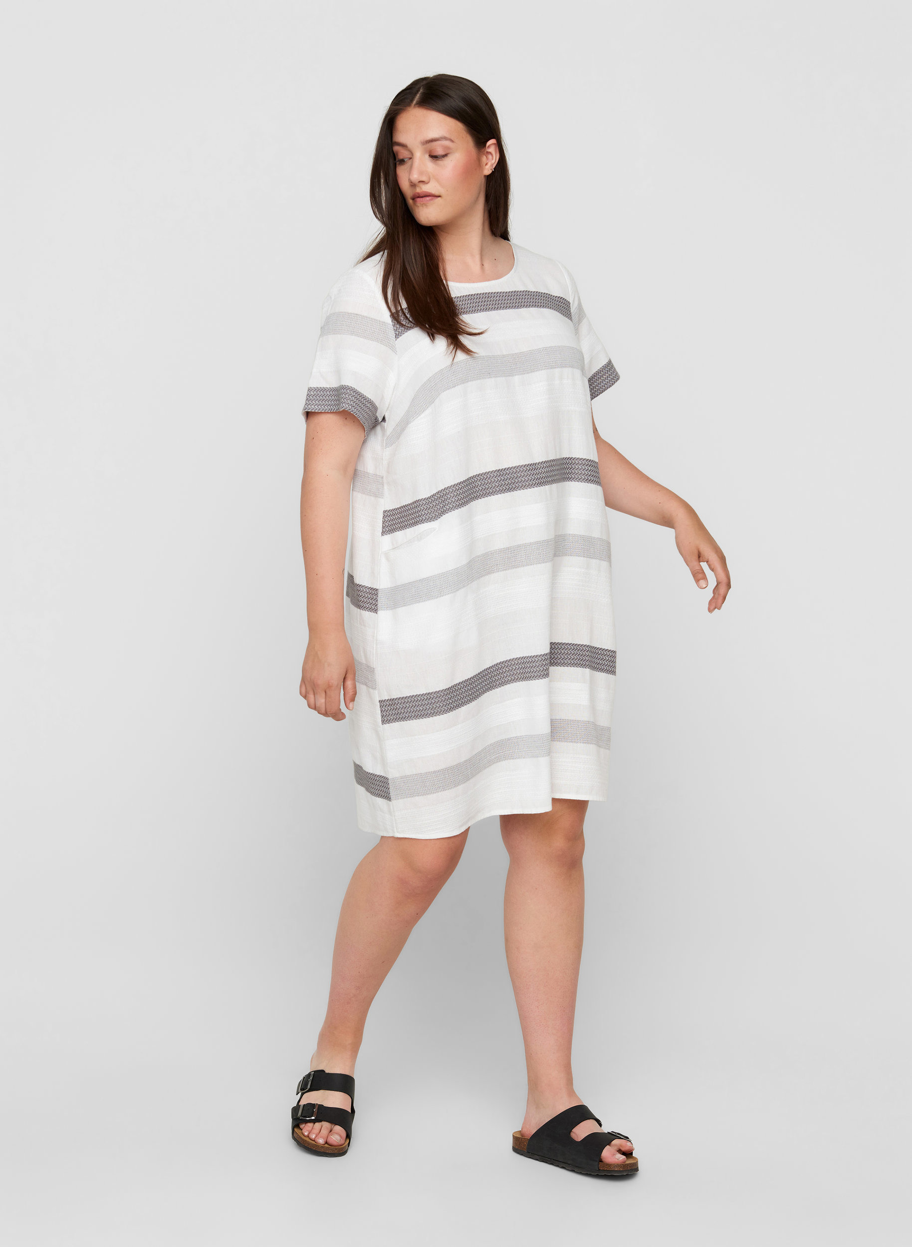 Stribet kjole med korte ærmer, White Stripe, Model image number 2