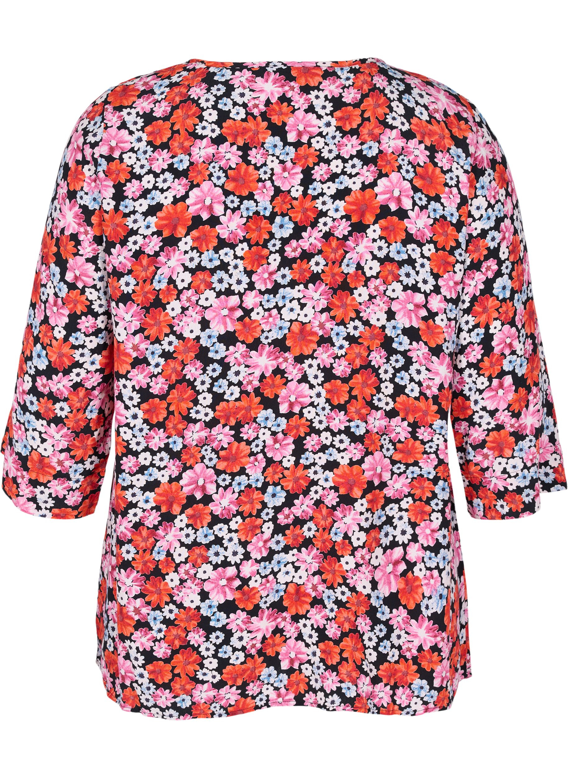 Blomstret bluse med 3/4 ærmer, Red Flower AOP, Packshot image number 1