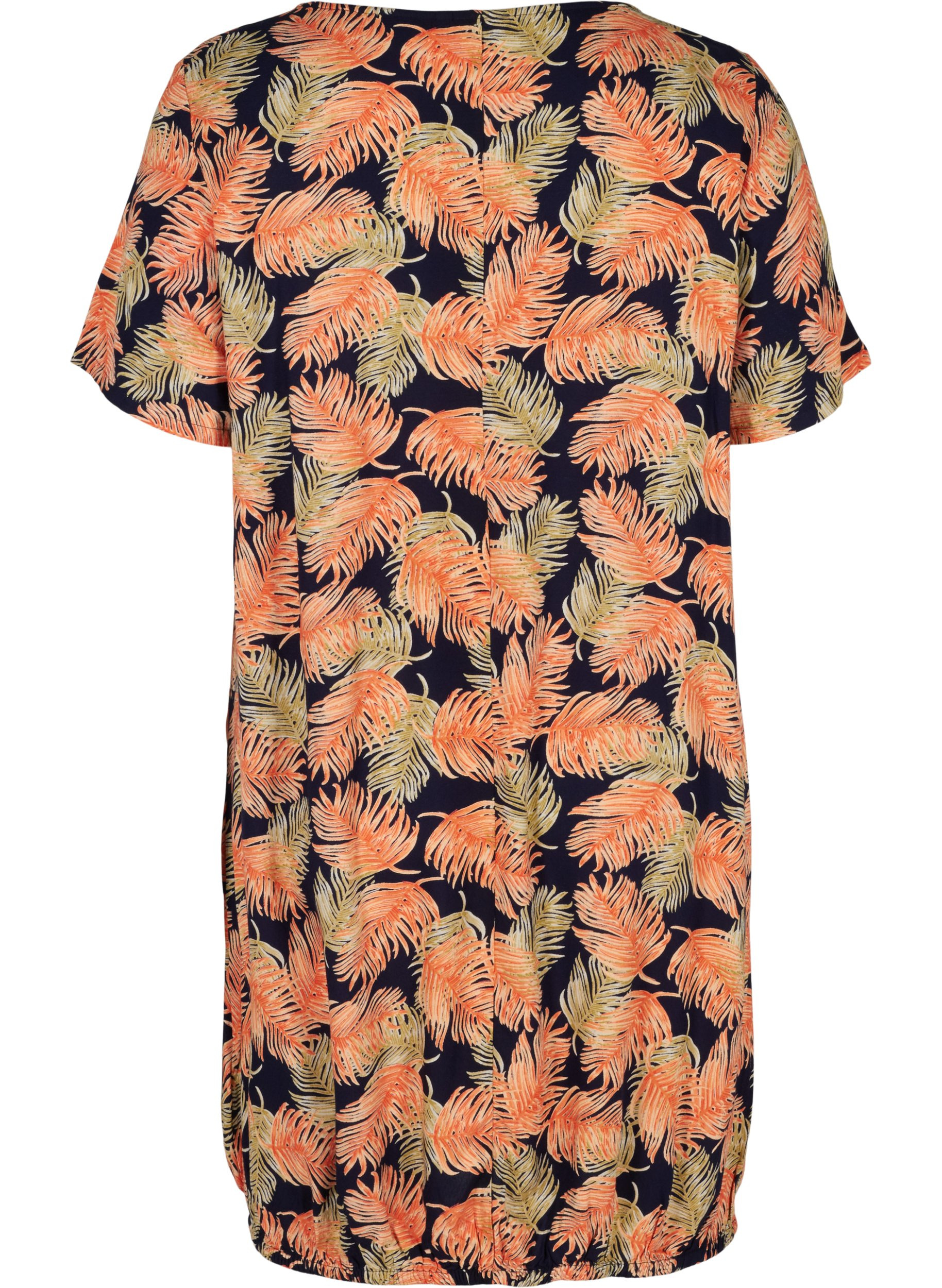 Kortærmet viskose kjole med print, Orange Leaf, Packshot image number 1