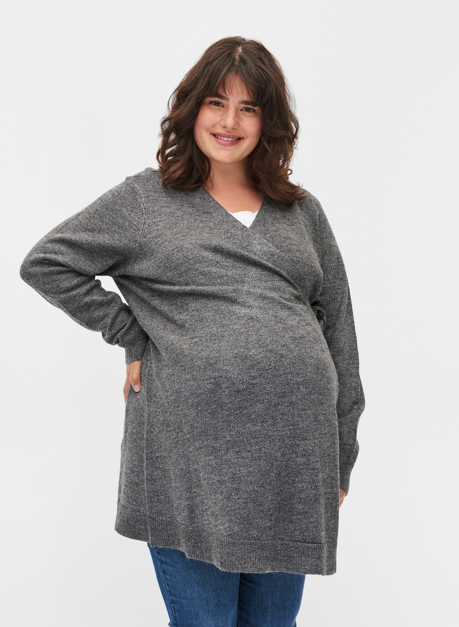 Meleret graviditets strikbluse med wrap , Medium Grey Melange, Model
