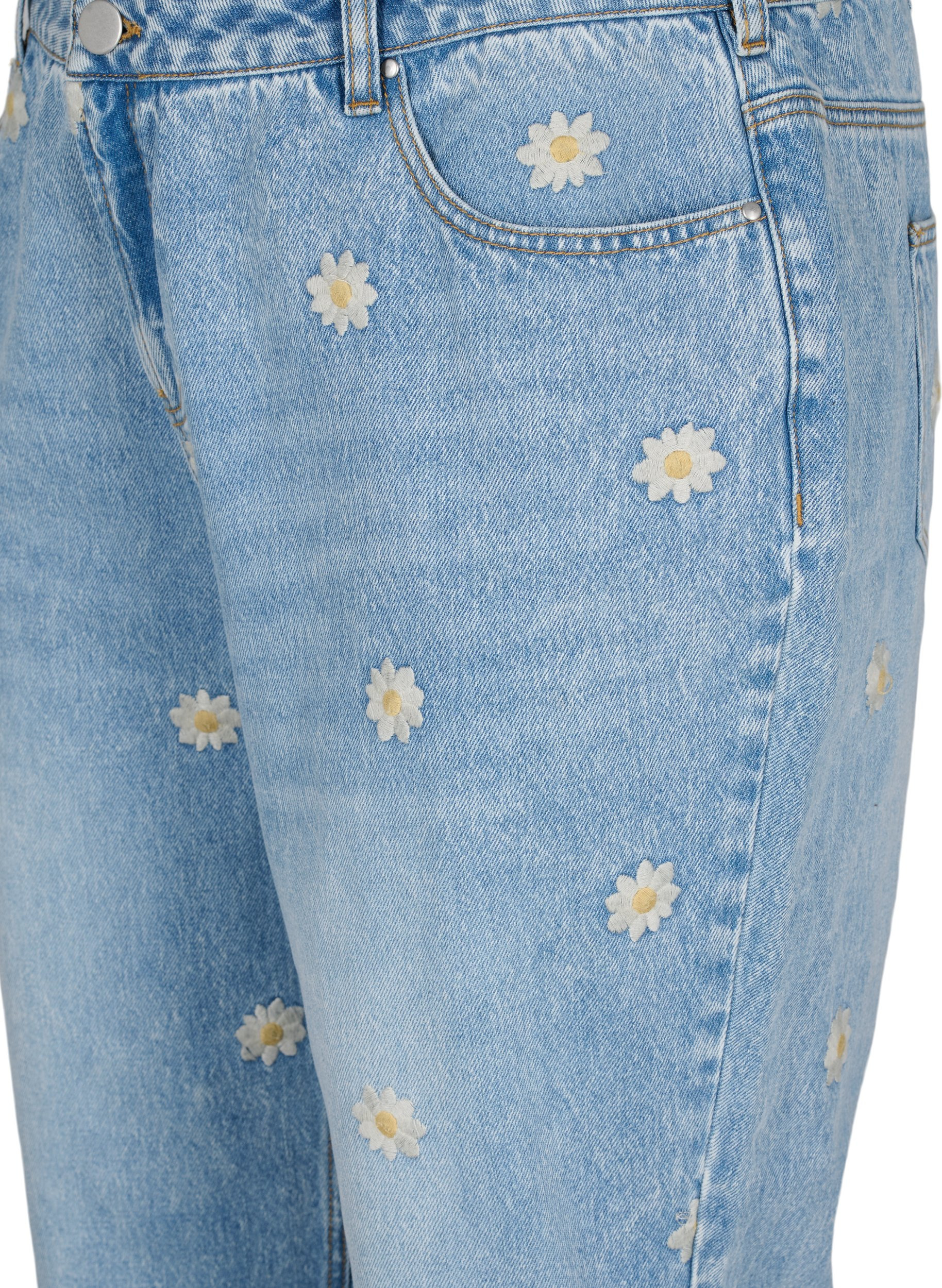 Mille mom fit jeans med blomster broderi, Light Blue w. Flower, Packshot image number 2