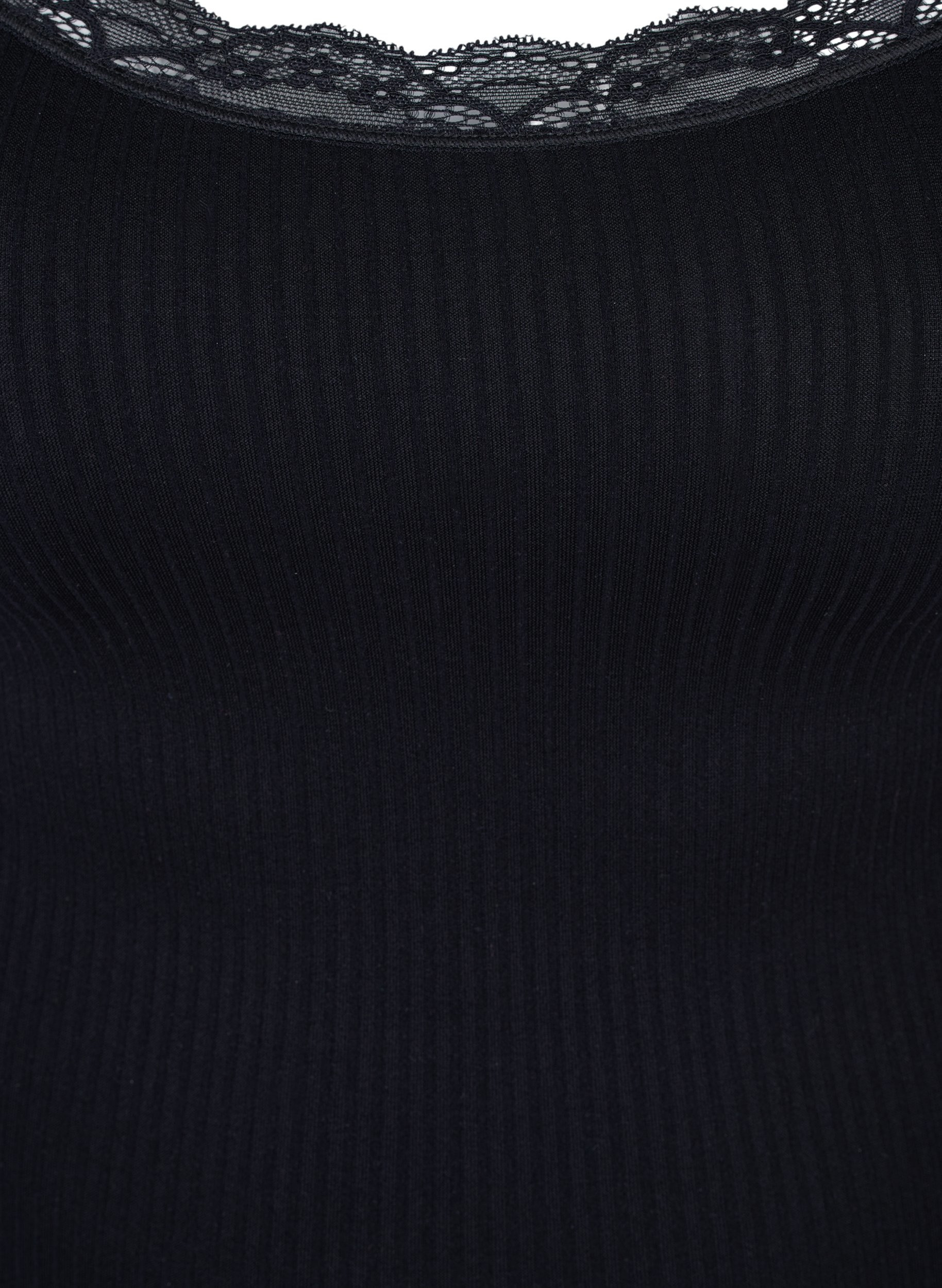 Ensfarvet rib undertrøje med blonder, Black, Packshot image number 2