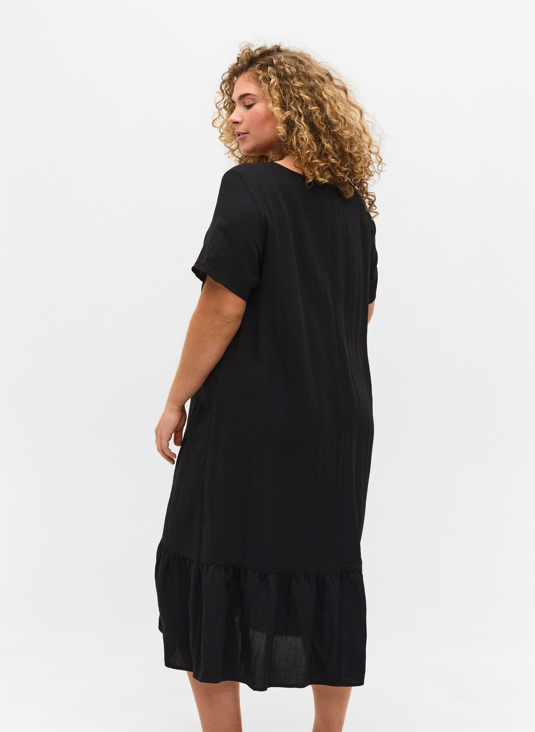 Kortærmet viskose kjole med v-udskæring, Black, Model image number 1