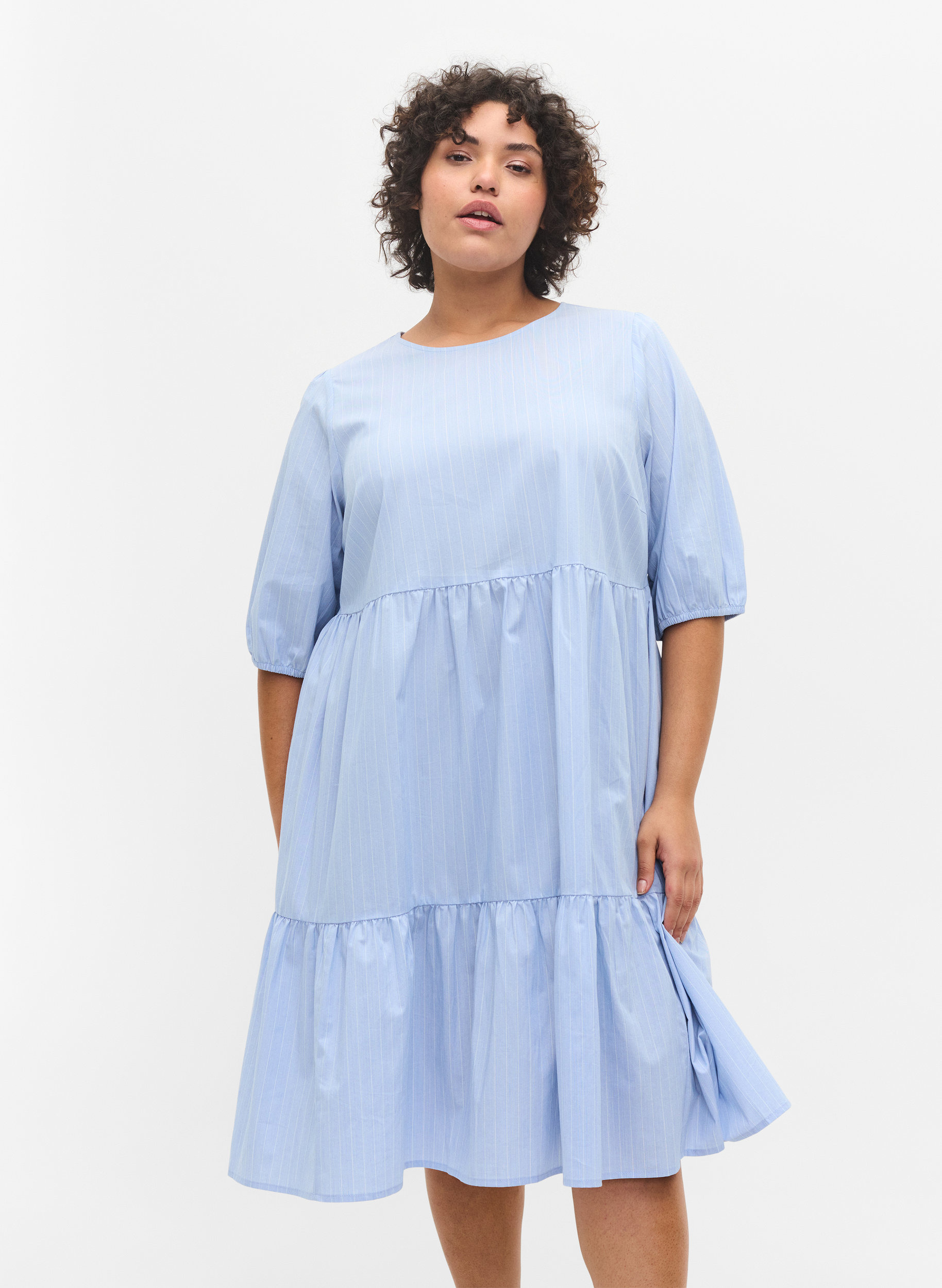 Stribet kjole med korte pufærmer, Blue As Sample, Model image number 0